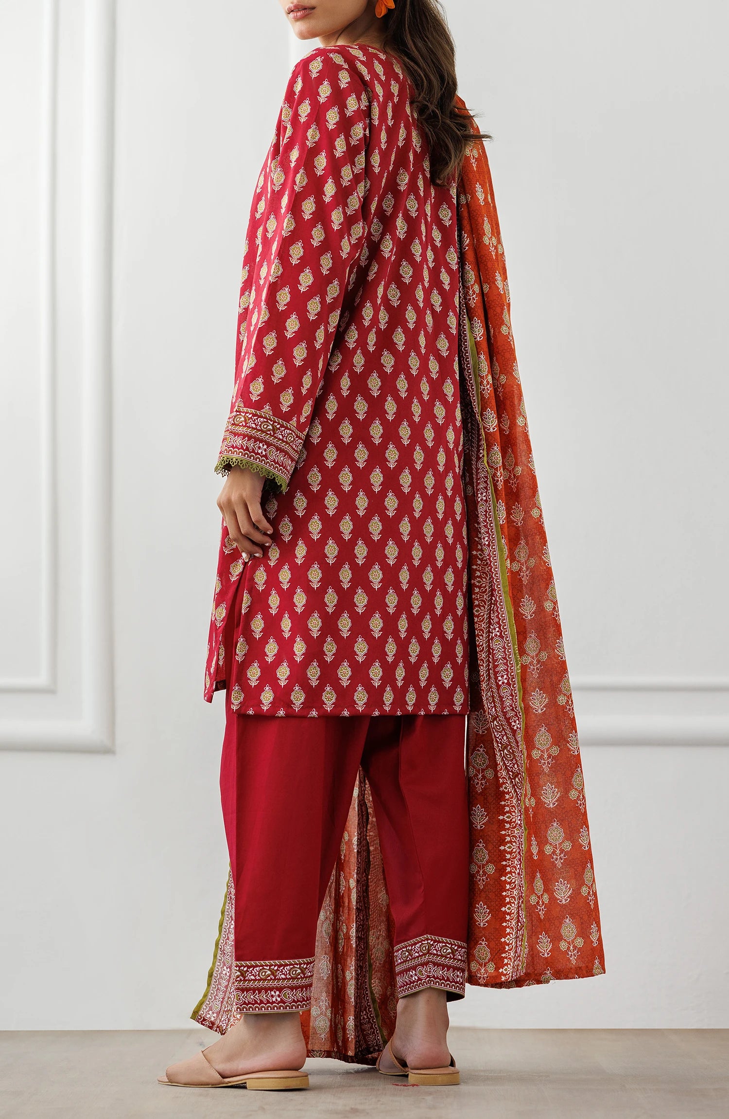 Red and orange traditional outfit with matching dupatta on a dyed shalwar. Unstitched Printed Lawn Shirt Dupatta & Pant - 3 Piece Suits - OTL-25-332
