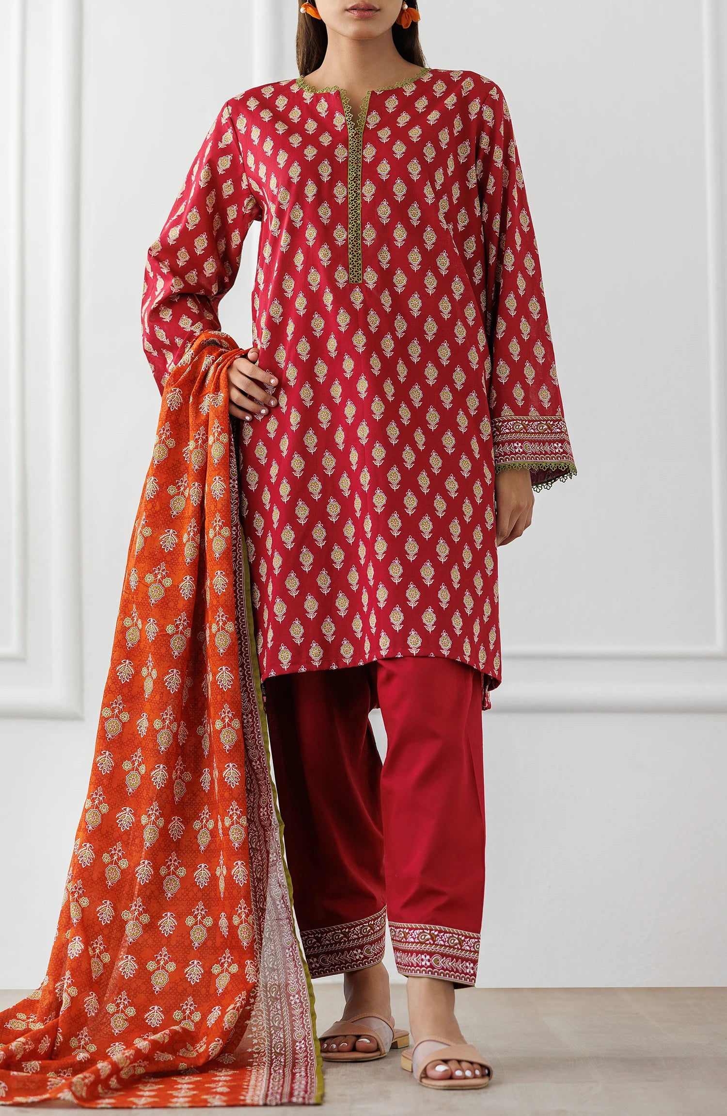 Red and orange traditional outfit with matching dupatta on a dyed shalwar. Unstitched Printed Lawn Shirt Dupatta & Pant - 3 Piece Suits - OTL-25-332