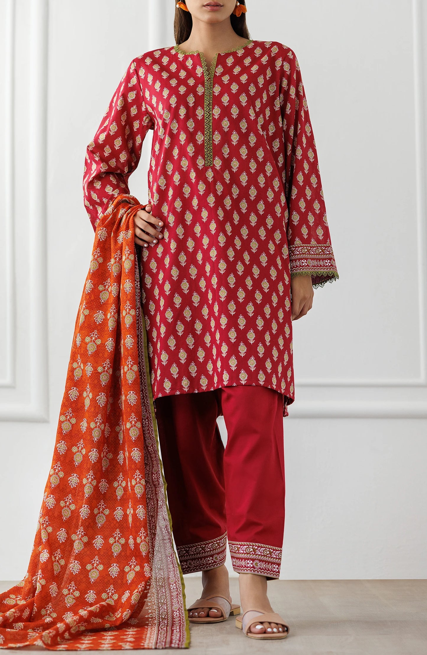 Red and orange traditional outfit with matching dupatta on a dyed shalwar. Unstitched Printed Lawn Shirt Dupatta & Pant - 3 Piece Suits - OTL-25-332