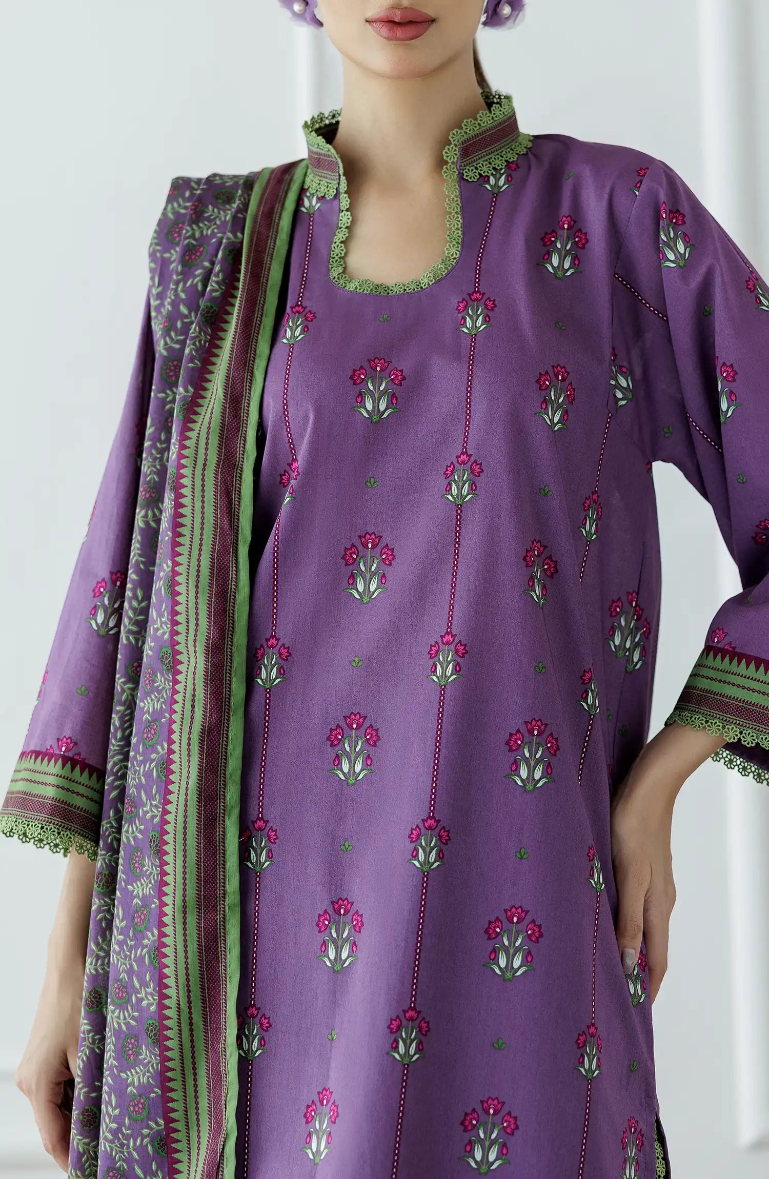 Women wearing a purple traditional outfit with a matching dupatta on a plain shalwar. Stitched Printed Lawn Shirt Dupatta & Pant - 3 Piece Suits - OTL-25-342