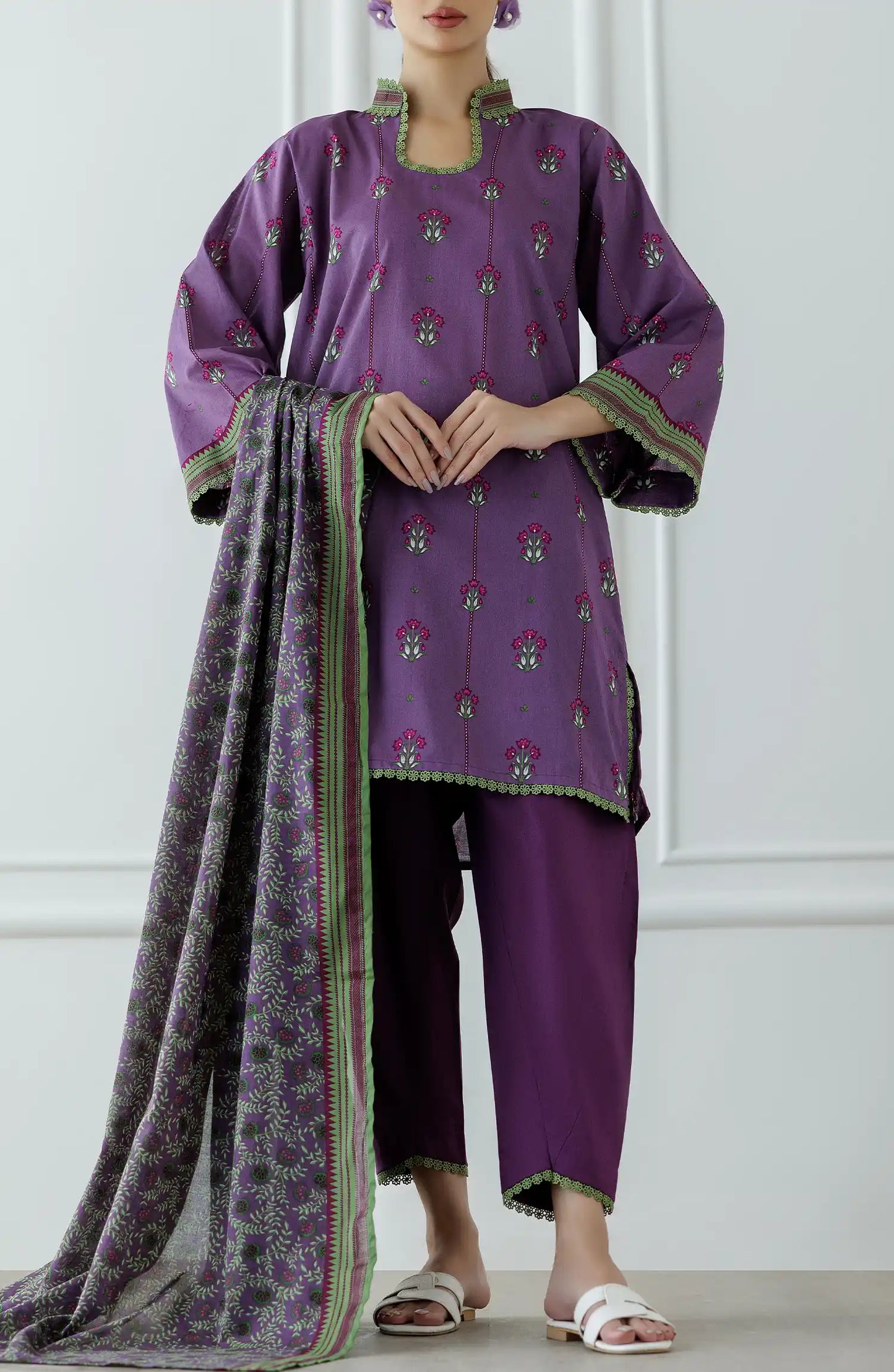 Women wearing a purple traditional outfit with a matching dupatta on a plain shalwar. Stitched Printed Lawn Shirt Dupatta & Pant - 3 Piece Suits - OTL-25-342