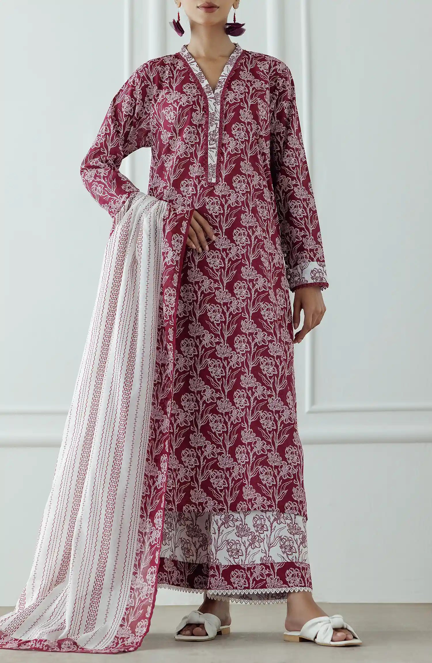 Stitched Printed Lawn Shirt Dupatta & Pant - 3 Piece - OTL-25-357. Woman wearing a patterned dress with a matching dupatta.