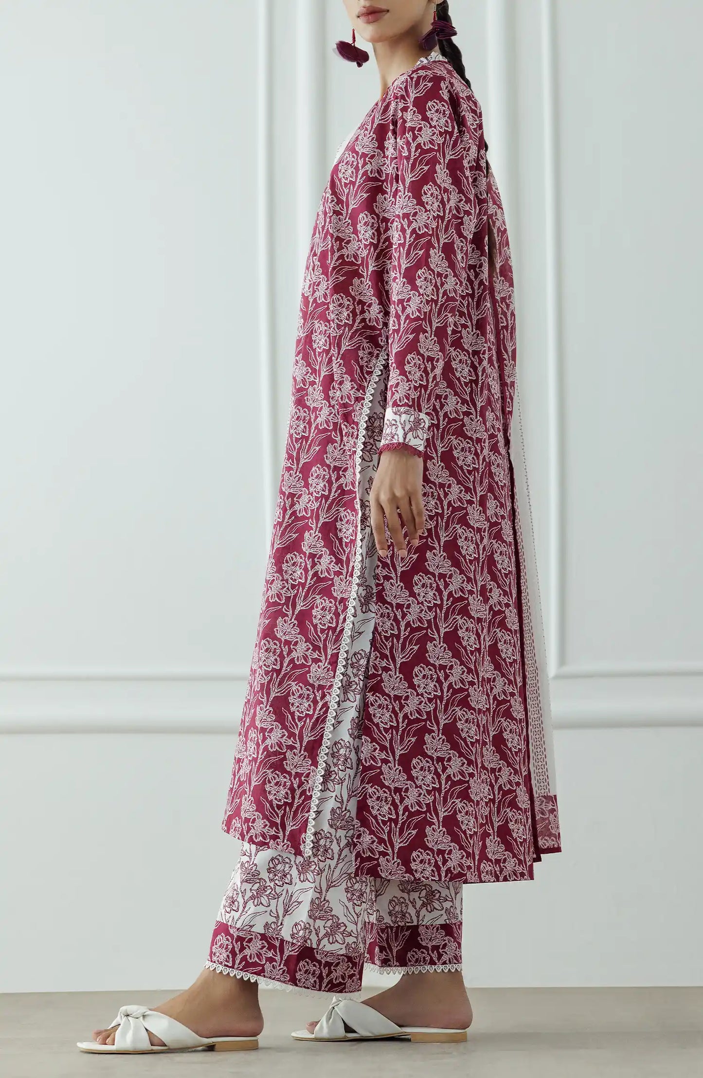 Stitched Printed Lawn Shirt Dupatta & Pant - 3 Piece - OTL-25-357. Woman wearing a patterned dress with a matching dupatta.