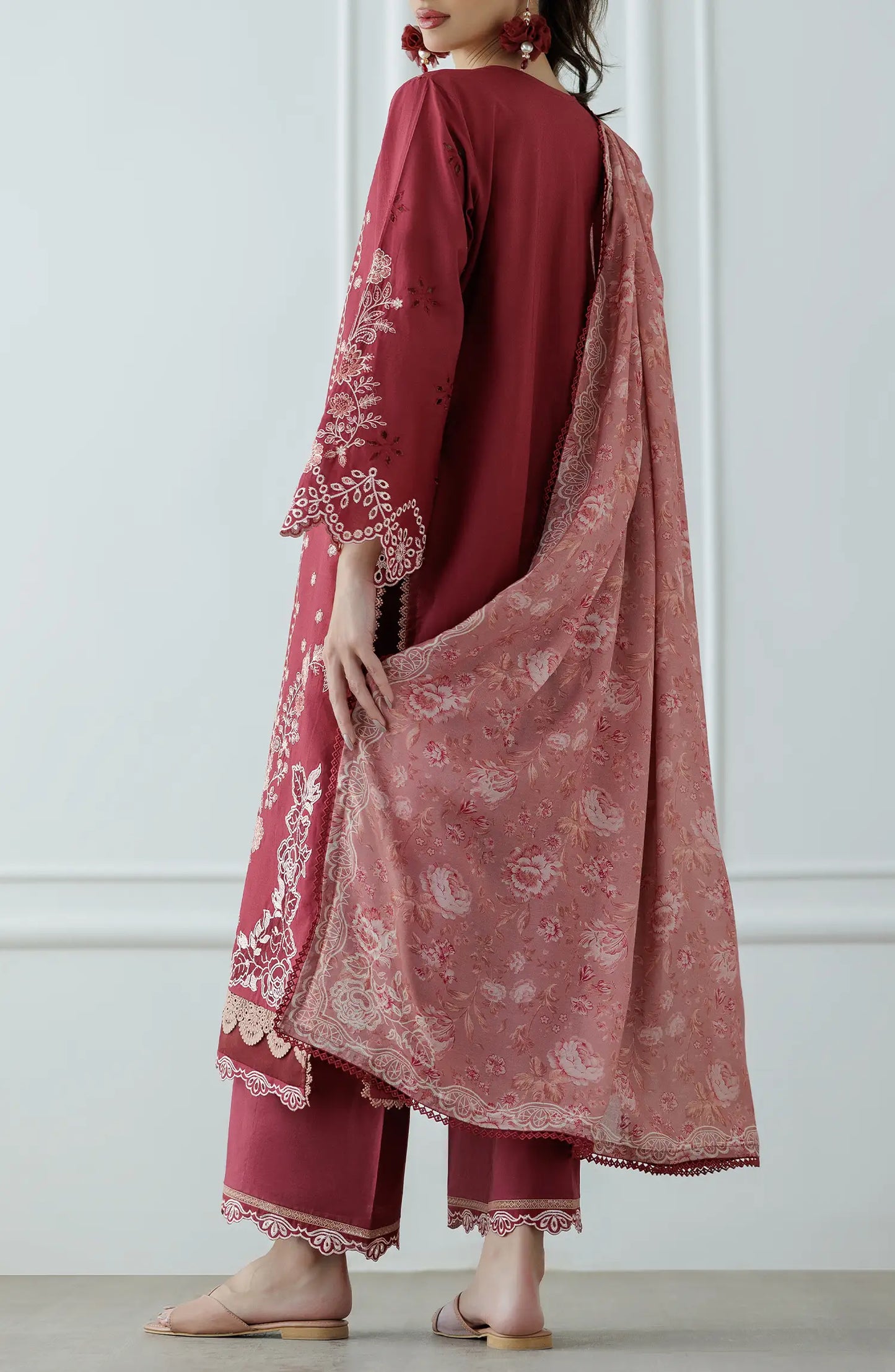 Maroon embroidered traditional outfit with a matching dupatta on a dyed trouser. Stitched Luxury Festive Formal Lawn Shirt Dupatta & Pant - 3 Piece Suits - WRC25S-3009