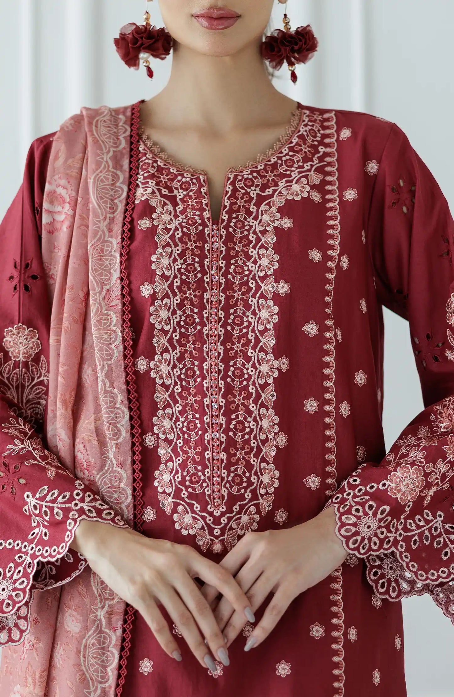Maroon embroidered traditional outfit with a matching dupatta on a dyed trouser. Stitched Luxury Festive Formal Lawn Shirt Dupatta & Pant - 3 Piece Suits - WRC25S-3009