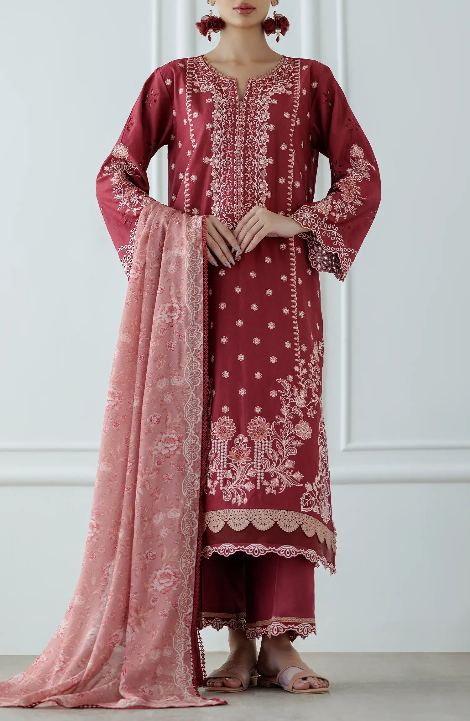 Maroon embroidered traditional outfit with a matching dupatta on a dyed trouser. Stitched Luxury Festive Formal Lawn Shirt Dupatta & Pant - 3 Piece Suits - WRC25S-3009