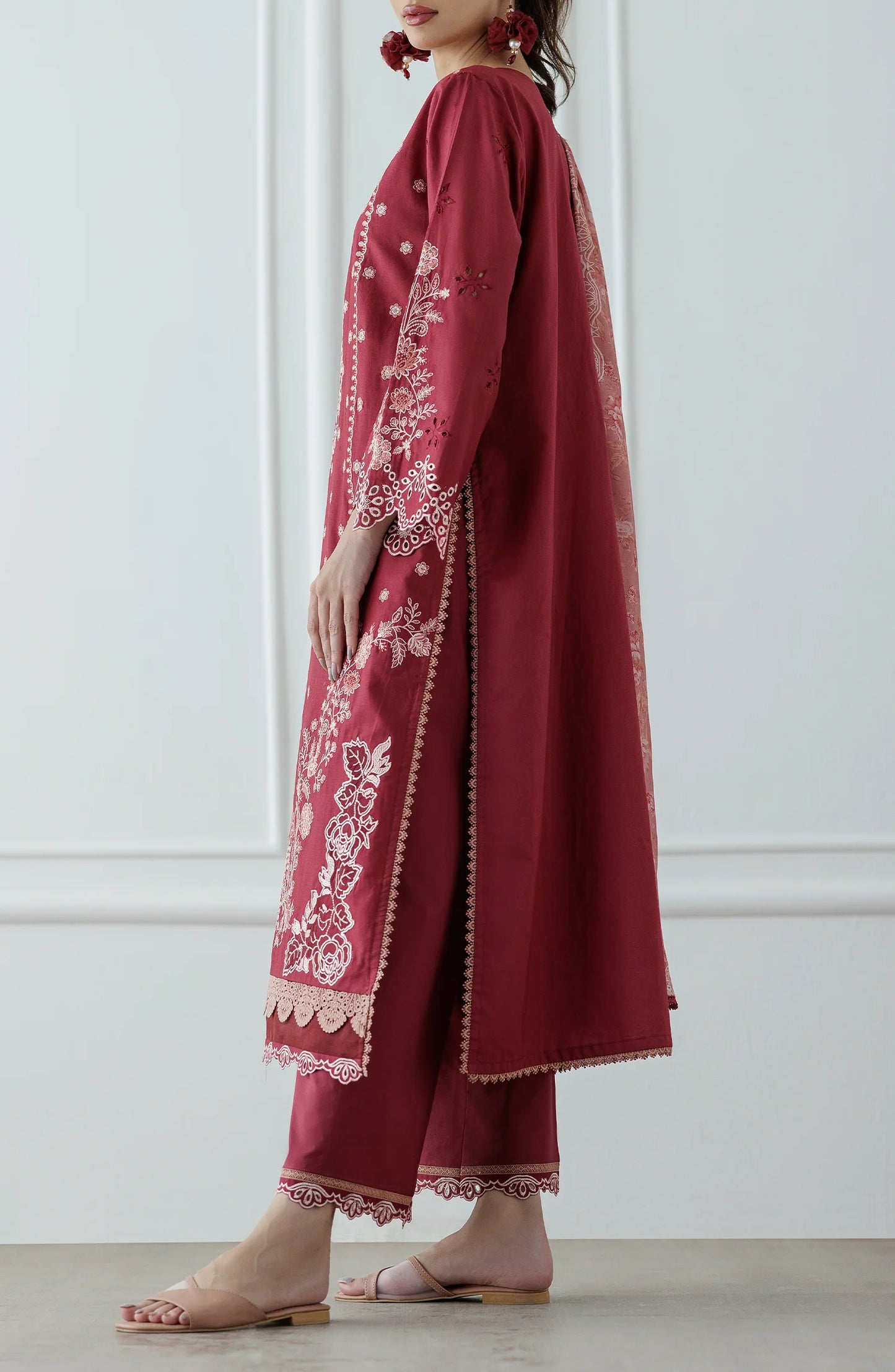 Maroon embroidered traditional outfit with a matching dupatta on a dyed trouser. Stitched Luxury Festive Formal Lawn Shirt Dupatta & Pant - 3 Piece Suits - WRC25S-3009