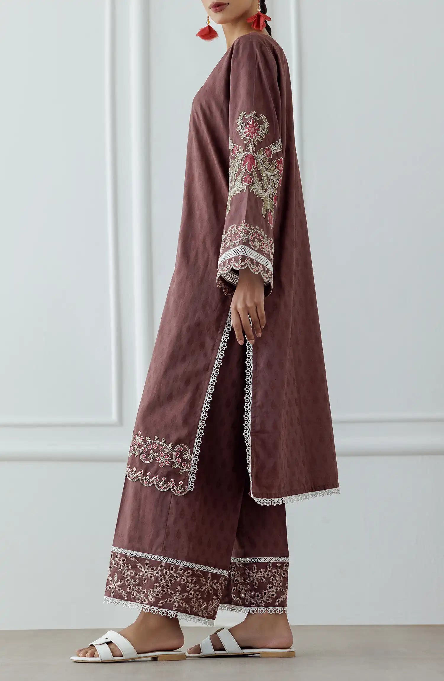 Woman wearing a brown embroidered dress with dyed trouser. Stitched Luxury Premium Embroidered Lawn Shirt & Pant - 2 Piece Suits (Co-ord Set) - WRCJ25S-2002