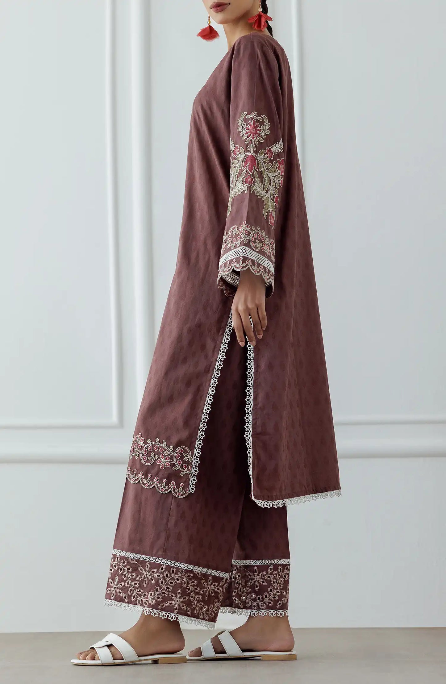 Woman wearing a brown embroidered dress with dyed trouser. Stitched Luxury Premium Embroidered Lawn Shirt & Pant - 2 Piece Suits (Co-ord Set) - WRCJ25S-2002