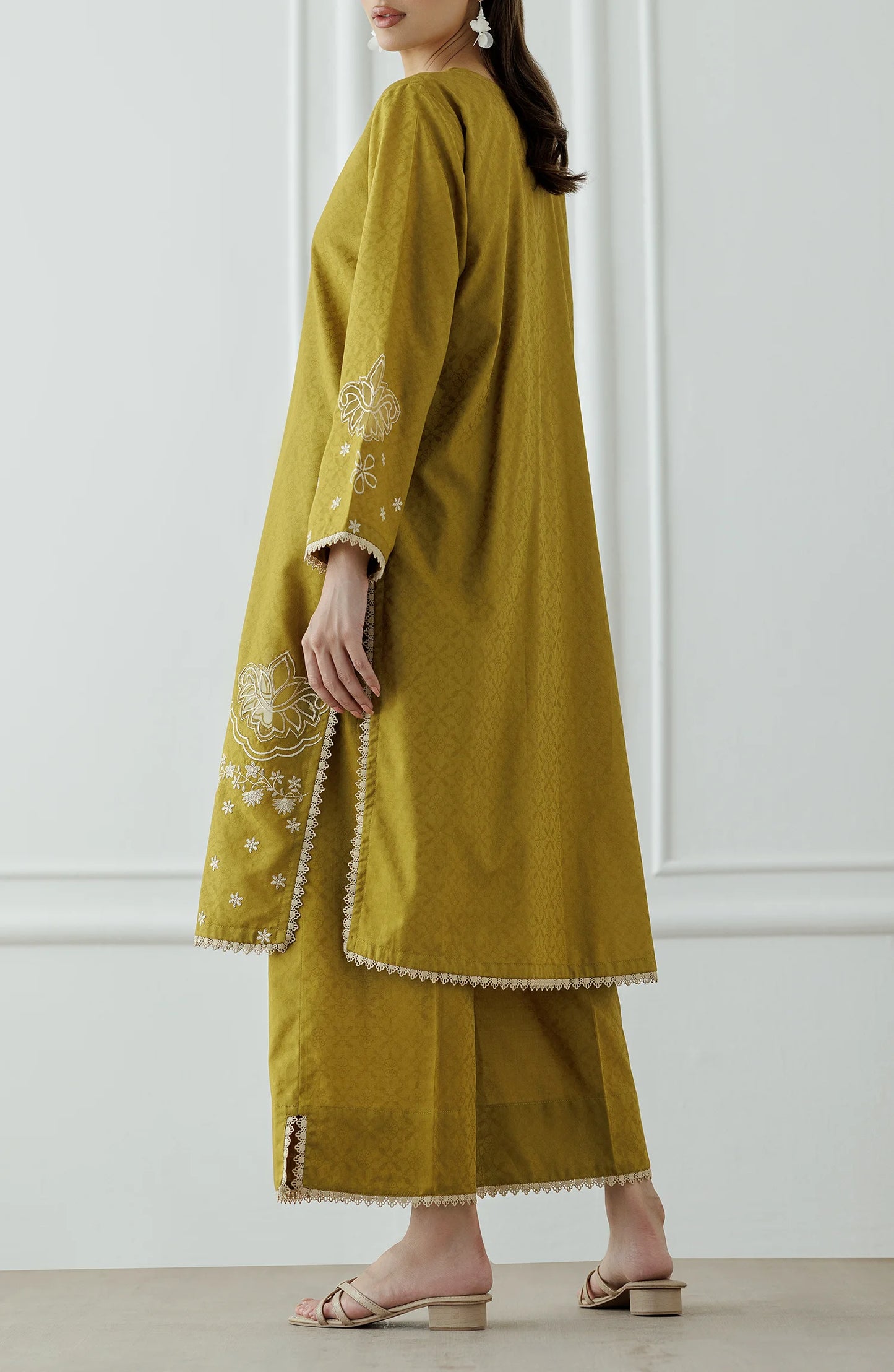 Woman wearing a mustard yellow embroidered traditional culotte. Stitched Luxury Premium Embroidered Lawn Shirt & Pant - 2 Piece Suits (Co-ord Set) - WRCJ25S-2003
