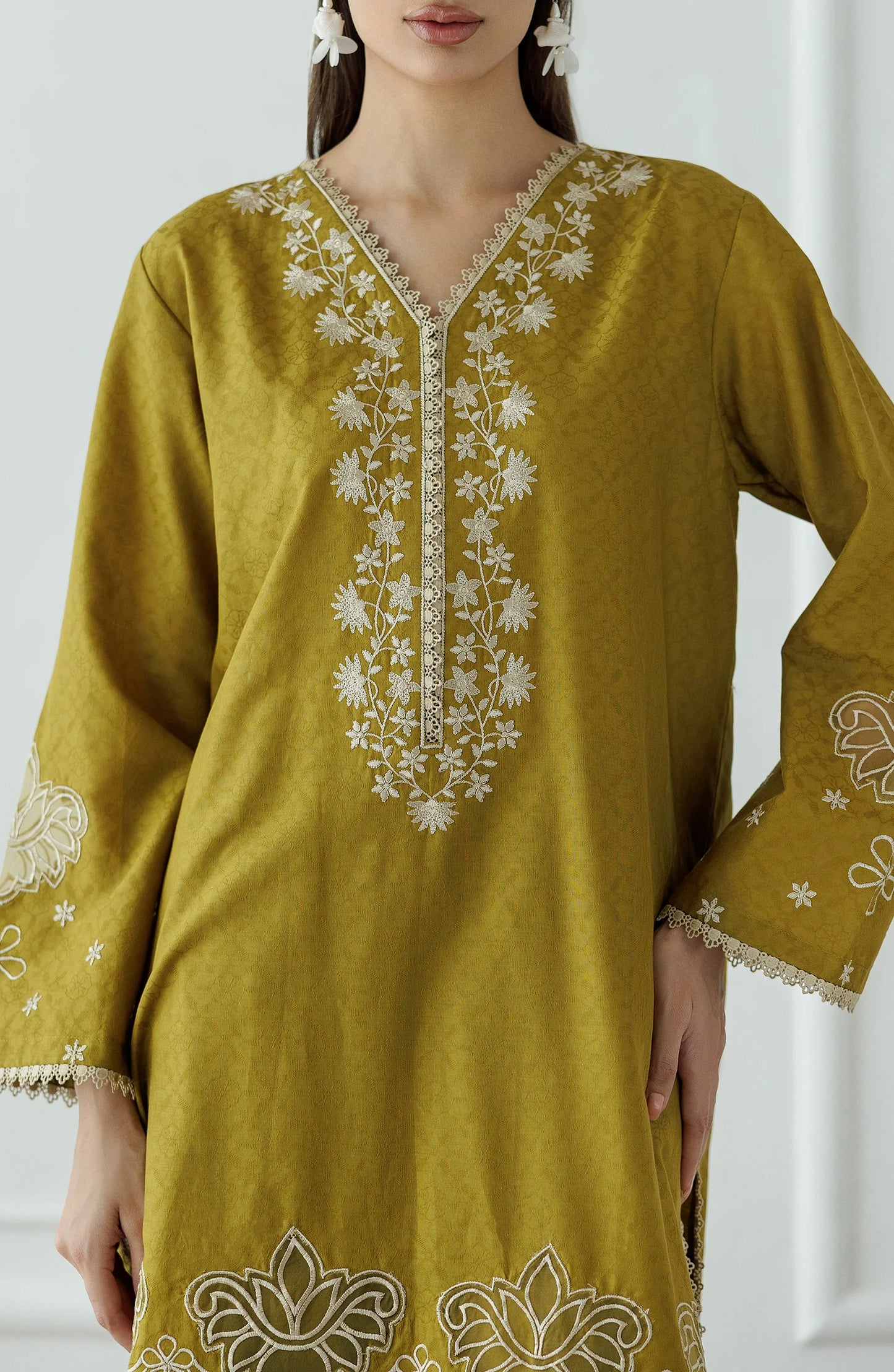Woman wearing a mustard yellow embroidered traditional culotte. Stitched Luxury Premium Embroidered Lawn Shirt & Pant - 2 Piece Suits (Co-ord Set) - WRCJ25S-2003