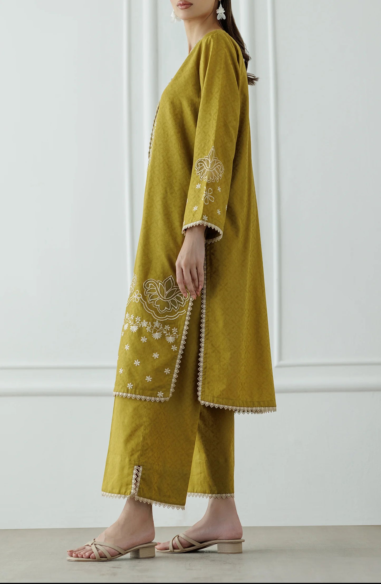 Woman wearing a mustard yellow embroidered traditional culotte. Stitched Luxury Premium Embroidered Lawn Shirt & Pant - 2 Piece Suits (Co-ord Set) - WRCJ25S-2003