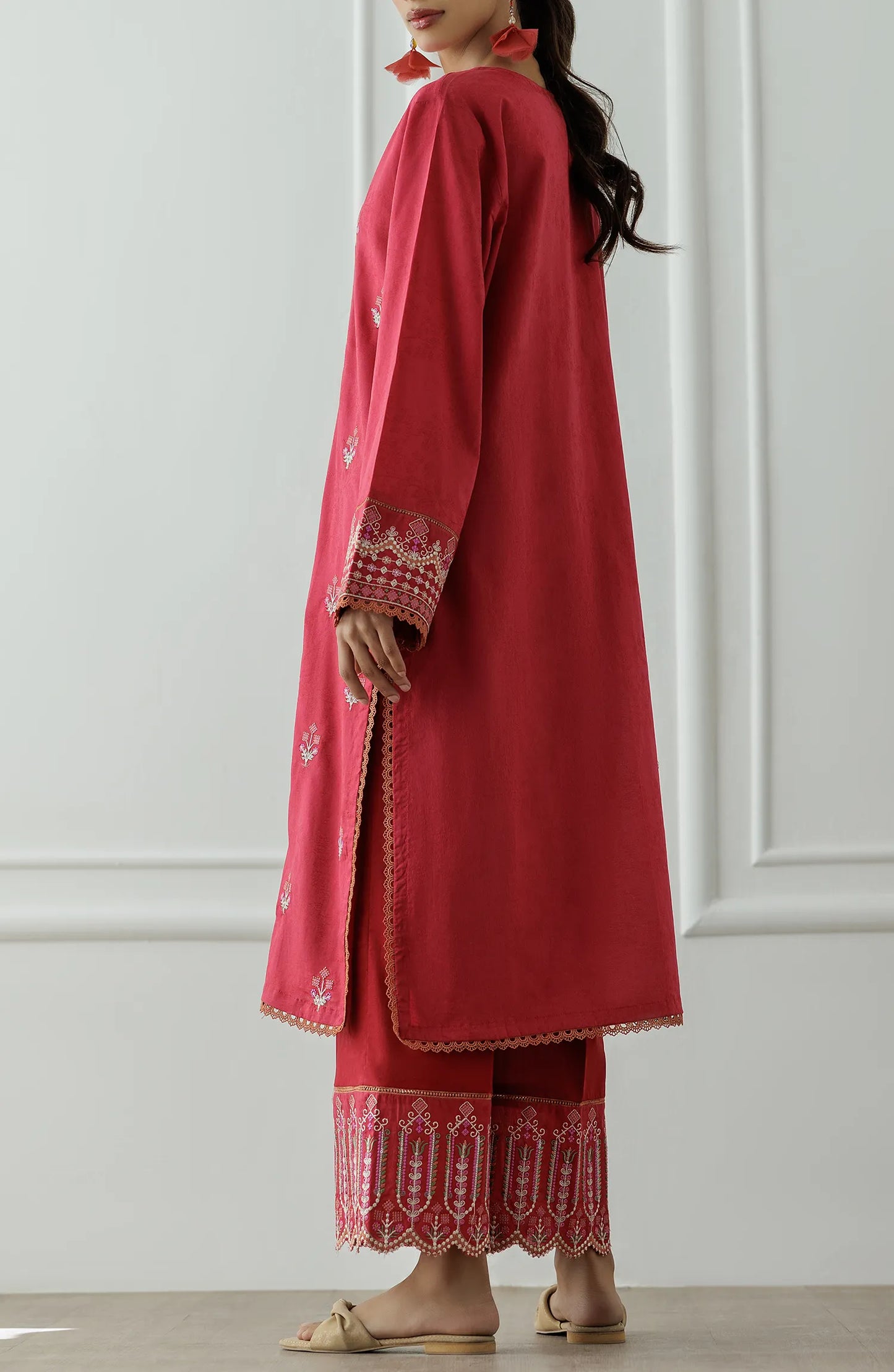 Women wearing a Red embroidered traditional outfit with matching pants. Stitched Luxury Premium Embroidered Lawn Shirt & Pant - 2 Piece Suits (Co-ord Set) - WRCJ25S-2008