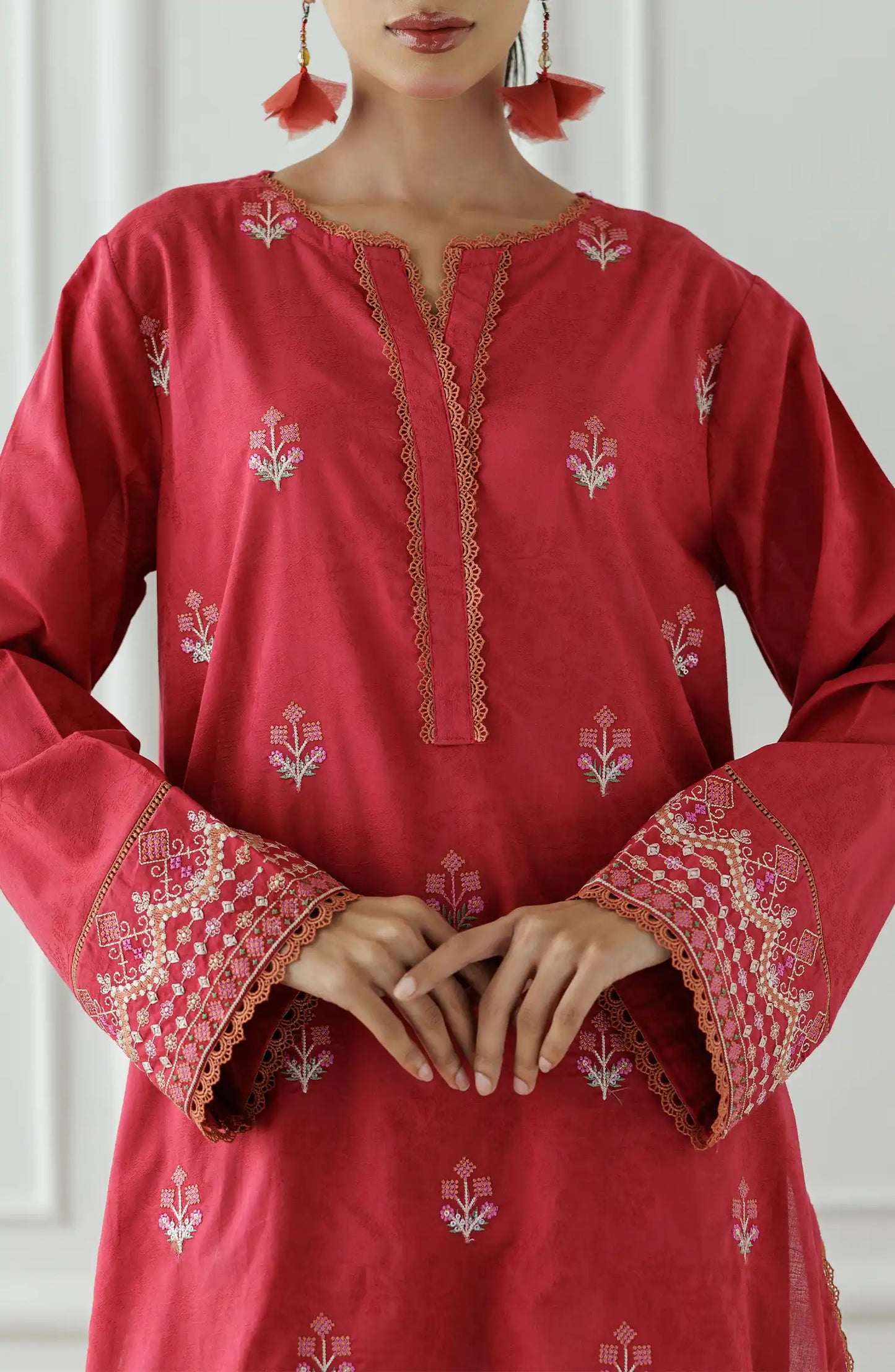 Women wearing a Red embroidered traditional outfit with matching pants. Stitched Luxury Premium Embroidered Lawn Shirt & Pant - 2 Piece Suits (Co-ord Set) - WRCJ25S-2008