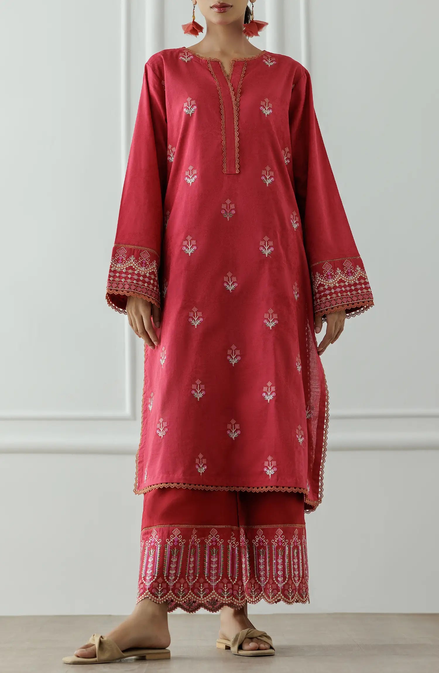 Women wearing a Red embroidered traditional outfit with matching pants. Stitched Luxury Premium Embroidered Lawn Shirt & Pant - 2 Piece Suits (Co-ord Set) - WRCJ25S-2008
