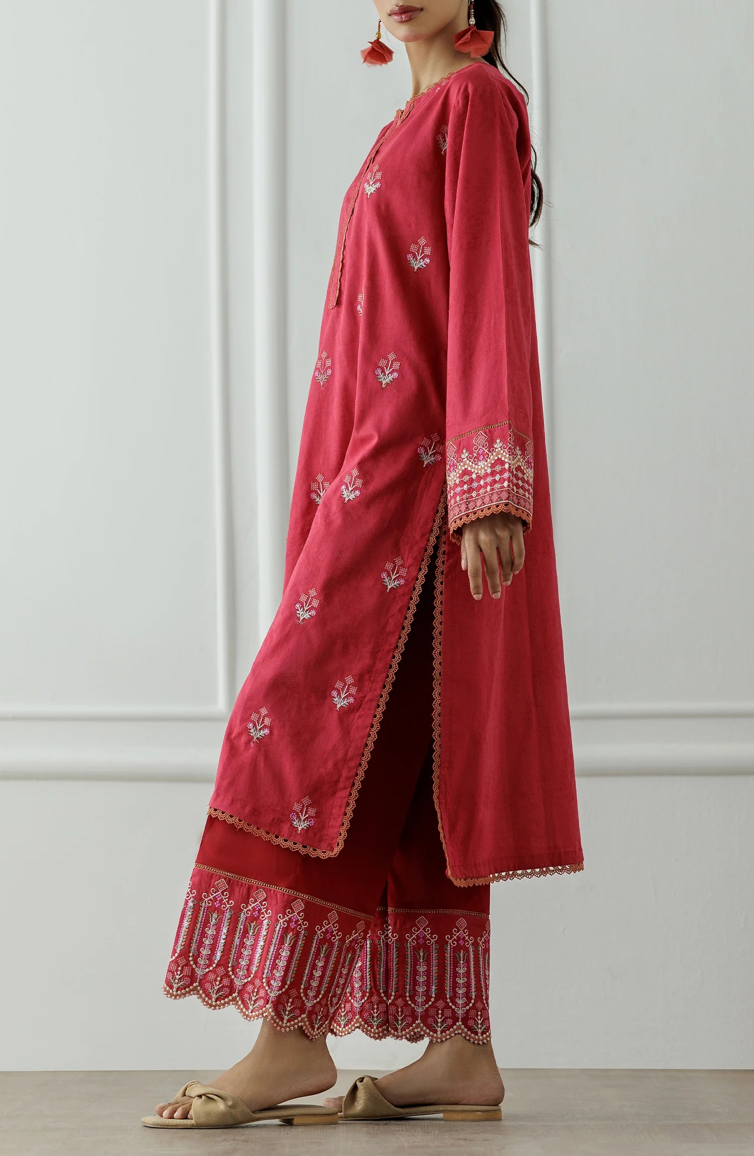 Women wearing a Red embroidered traditional outfit with matching pants. Stitched Luxury Premium Embroidered Lawn Shirt & Pant - 2 Piece Suits (Co-ord Set) - WRCJ25S-2008
