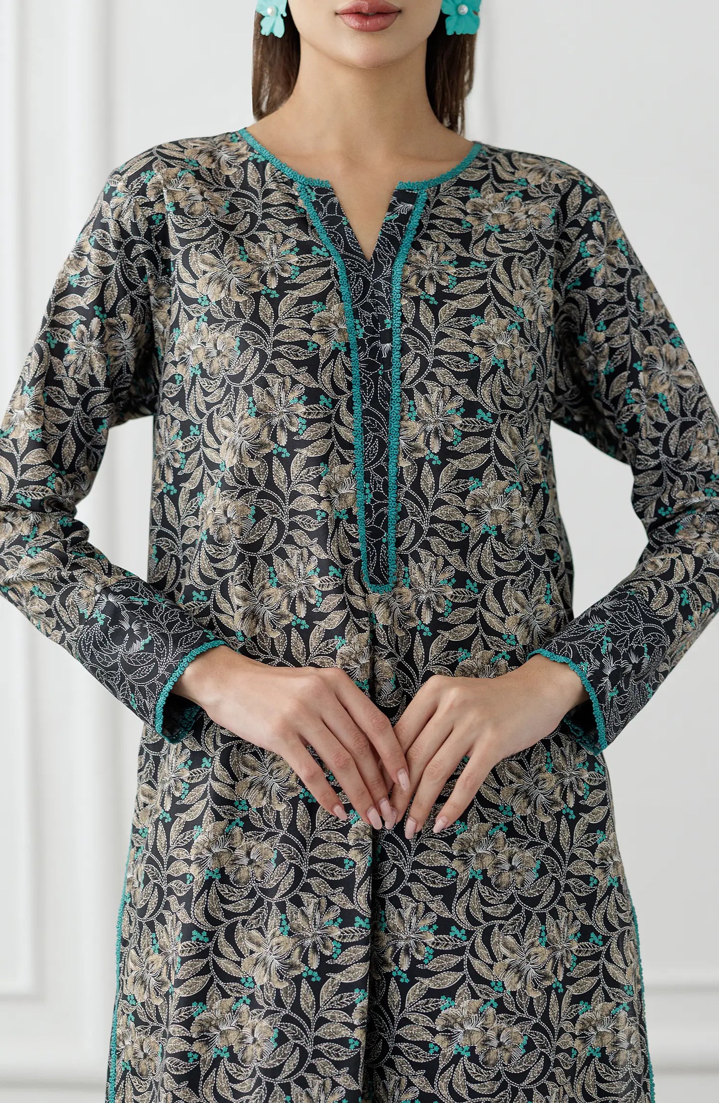Woman wearing a floral kurta with matching pants. Stitched Printed Lawn Shirt & Pant - 2 Piece Suits (Co-ord Set) - WRCV25S-2008