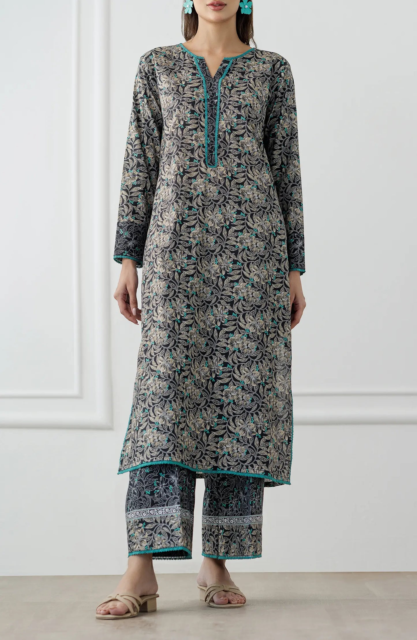 Woman wearing a floral kurta with matching pants. Stitched Printed Lawn Shirt & Pant - 2 Piece Suits (Co-ord Set) - WRCV25S-2008