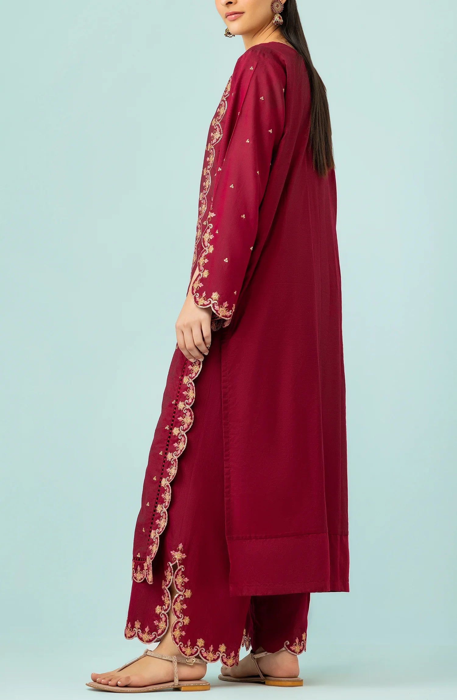 WRFC23W-2006/S RED COTTON SILK Women READY TO WEAR SHIRT PANTS