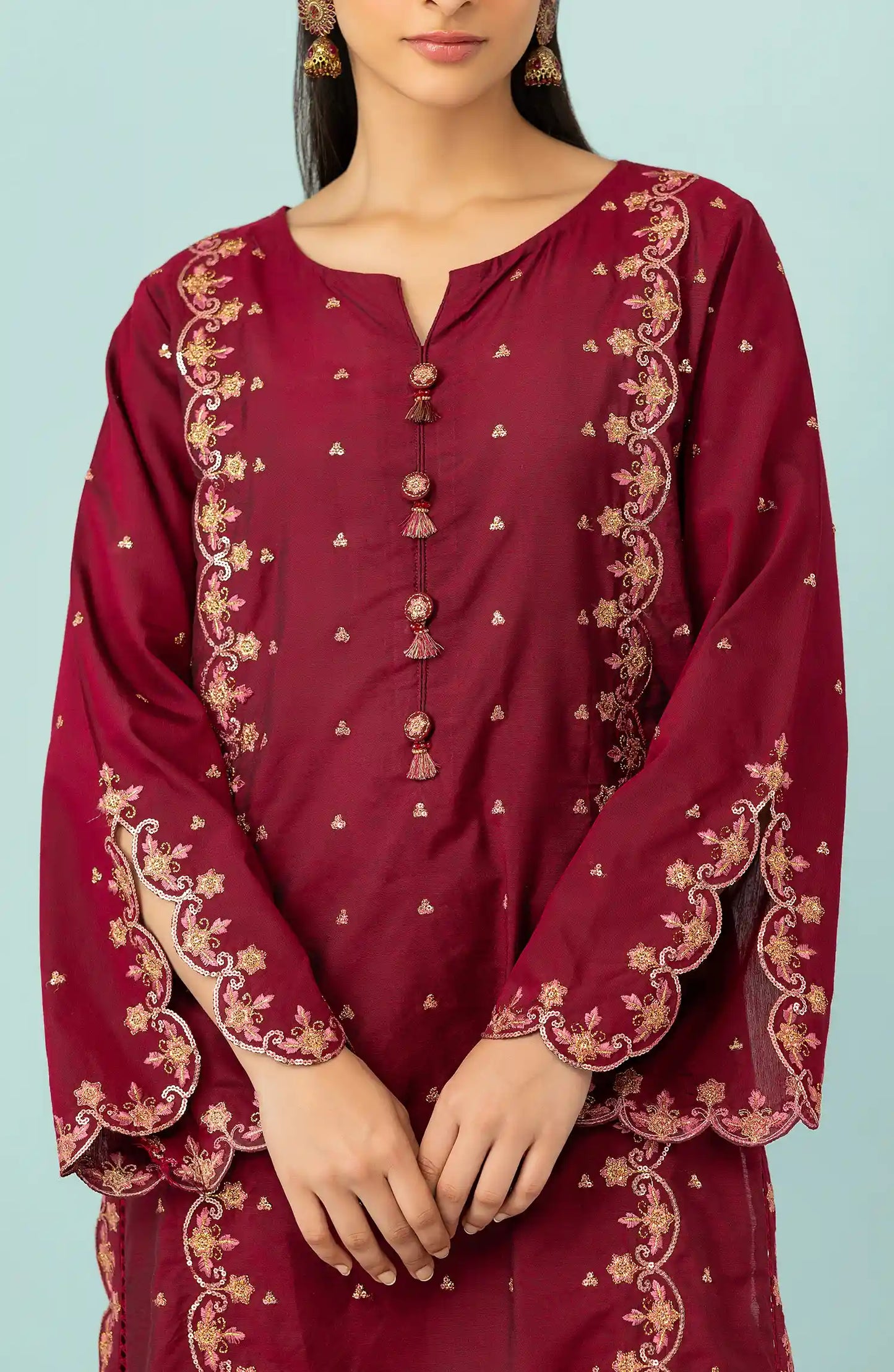 WRFC23W-2006/S RED COTTON SILK Women READY TO WEAR SHIRT PANTS