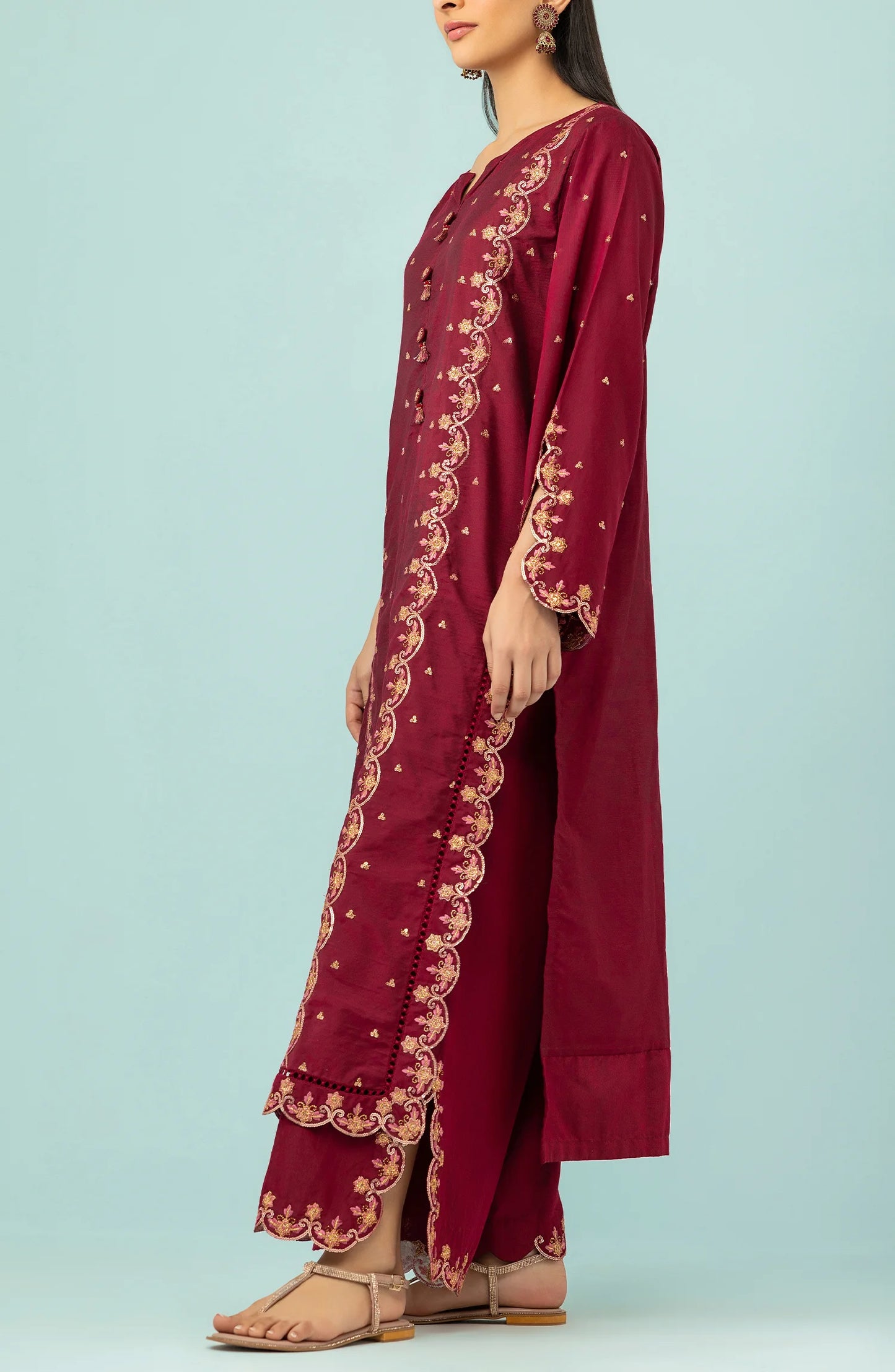 WRFC23W-2006/S RED COTTON SILK Women READY TO WEAR SHIRT PANTS