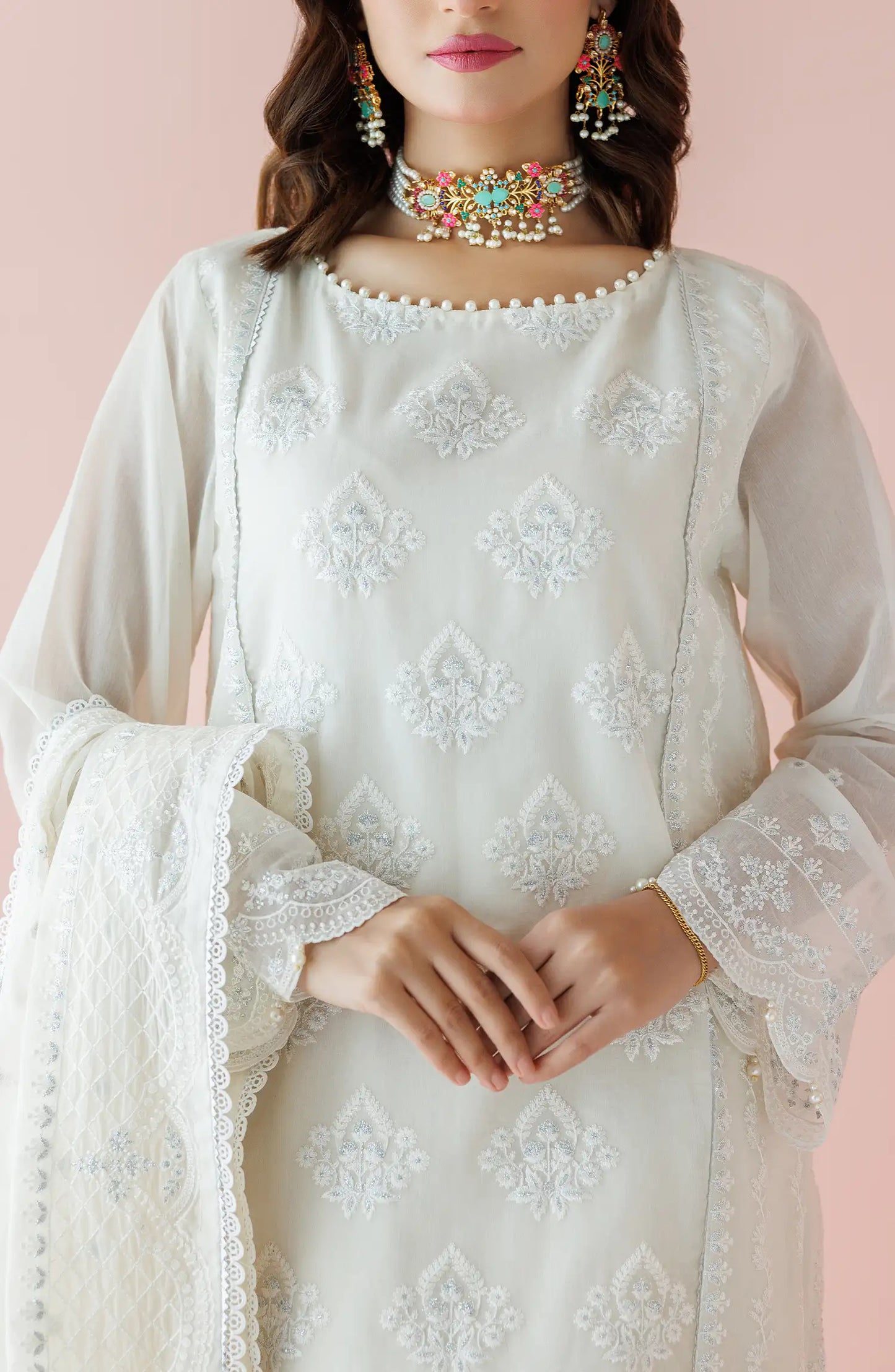 WRFC24S-3001/U WHITE KORA COTTON Women UNSTITCHED SHIRT DUPATTA PANTS