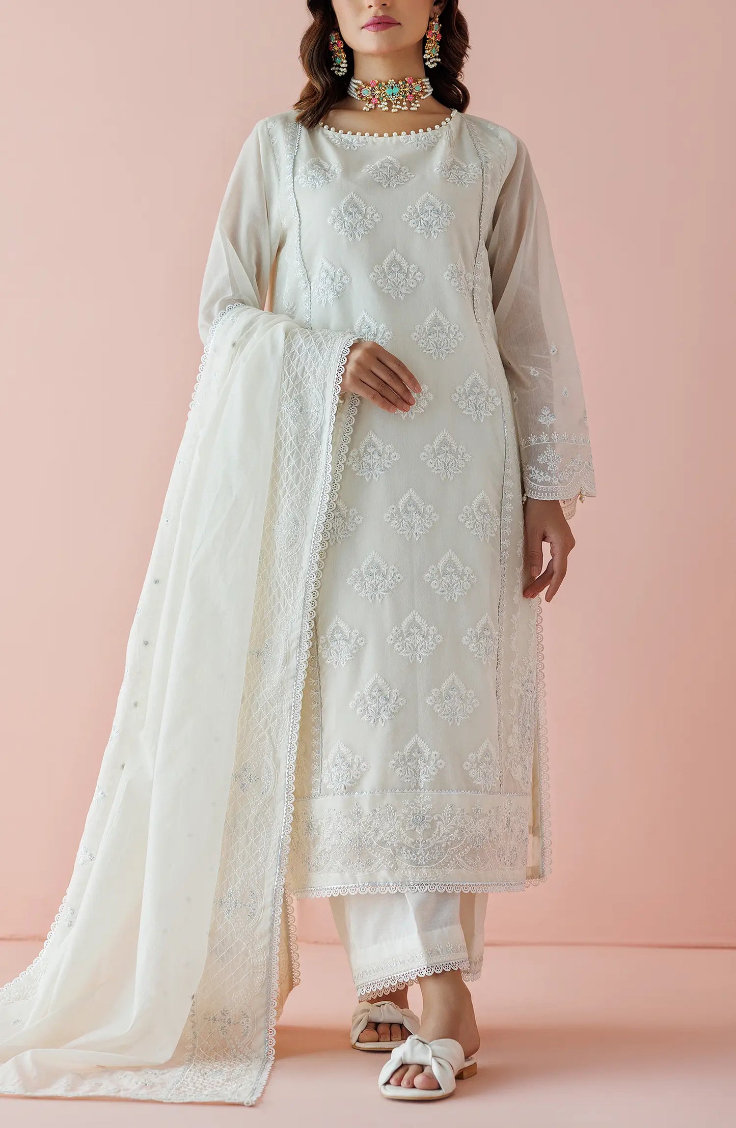 WRFC24S-3001/U WHITE KORA COTTON Women UNSTITCHED SHIRT DUPATTA PANTS