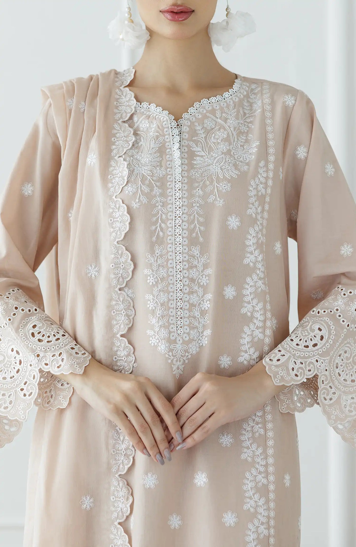 Beige embroidered dress with matching dupatta on a plain trouser. Stitched Luxury Festive Formal Lawn Shirt Dupatta & Pant - 3 Piece Suits - WRFC25S-3003