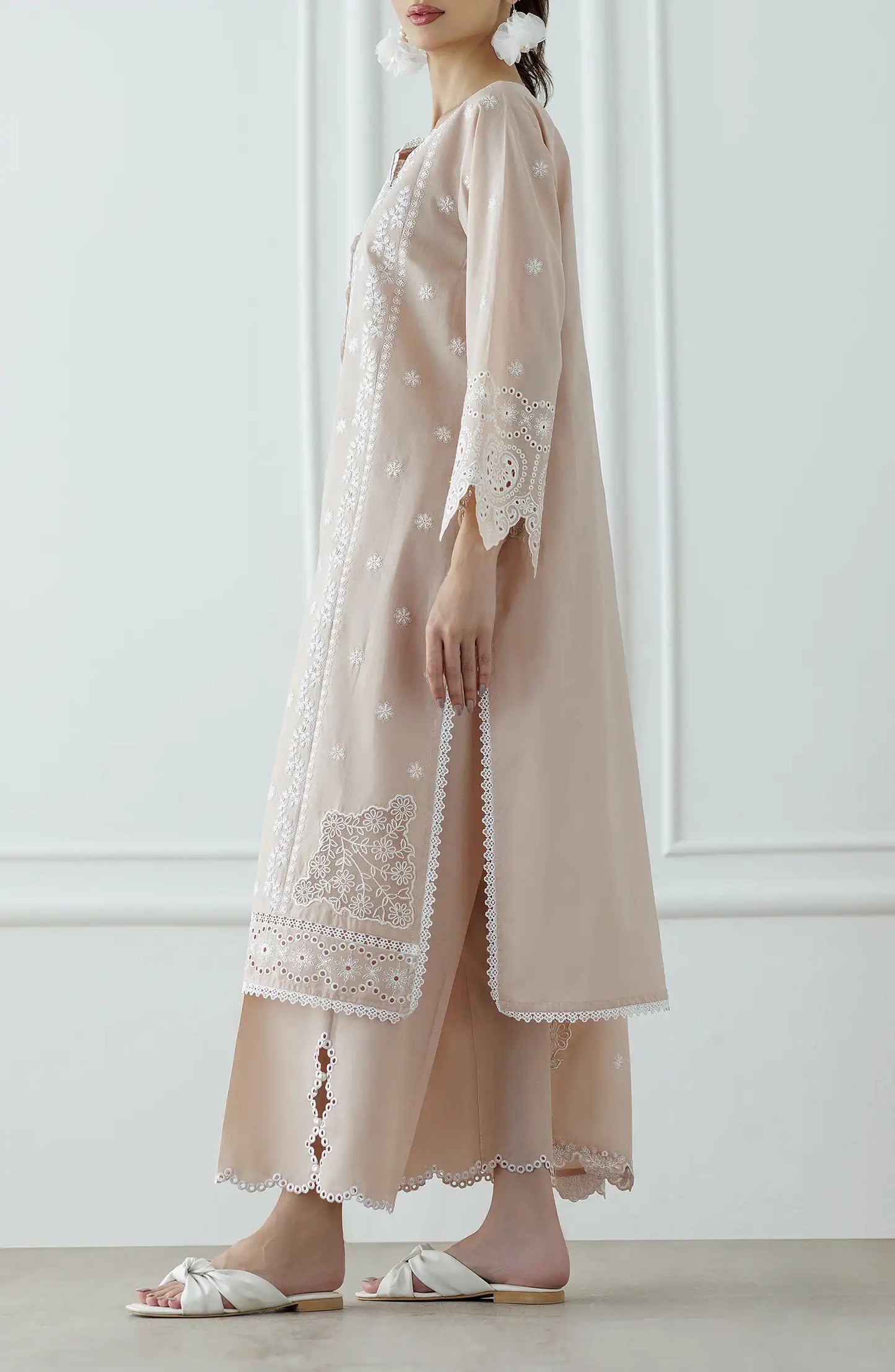 Beige embroidered dress with matching dupatta on a plain trouser. Stitched Luxury Festive Formal Lawn Shirt Dupatta & Pant - 3 Piece Suits - WRFC25S-3003
