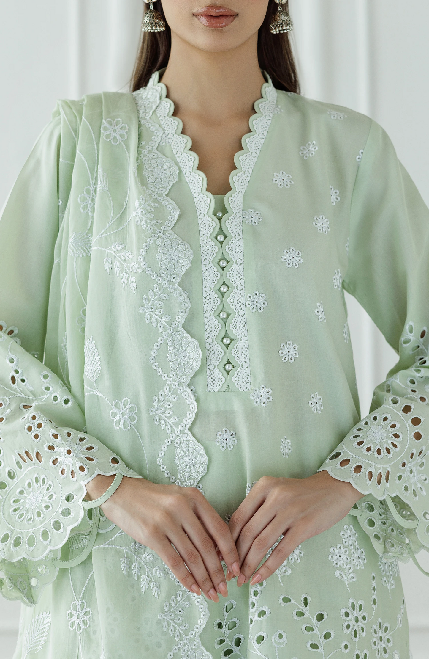Light green traditional chikankari outfit with lace details on a shirt, matching dupatta. Unstitched Luxury Festive Formal Lawn Shirt Dupatta & Pant - 3 Piece Suits - WRFC25S-3005