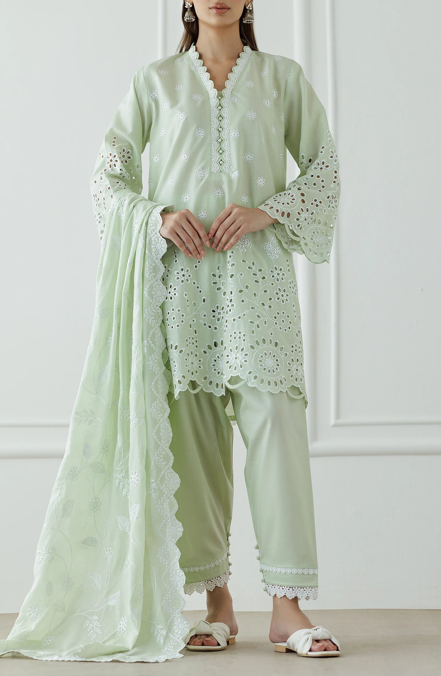 Light green traditional chikankari outfit with lace details on a shirt, matching dupatta. Unstitched Luxury Festive Formal Lawn Shirt Dupatta & Pant - 3 Piece Suits - WRFC25S-3005