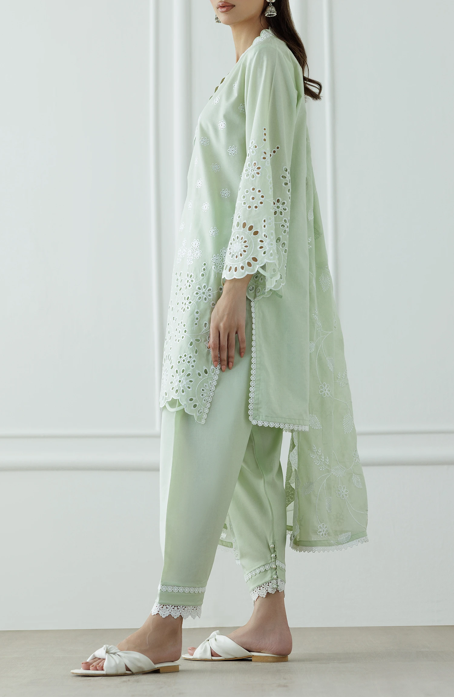 Light green traditional chikankari outfit with lace details on a shirt, matching dupatta. Unstitched Luxury Festive Formal Lawn Shirt Dupatta & Pant - 3 Piece Suits - WRFC25S-3005