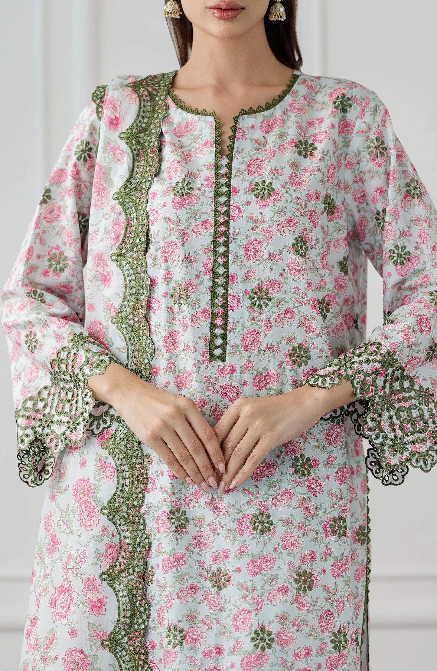 Woman wearing a floral dress with a matching dupatta against a dyed trouser. Stitched Luxury Festive Formal Lawn Shirt Dupatta & Pant - 3 Piece Suits - WRFC25S-3008