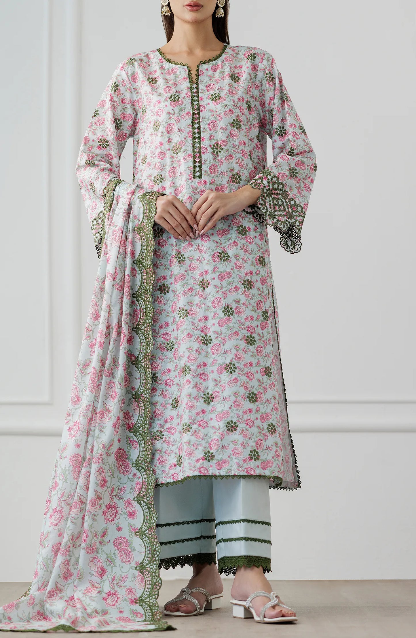 Woman wearing a floral dress with a matching dupatta against a dyed trouser. Stitched Luxury Festive Formal Lawn Shirt Dupatta & Pant - 3 Piece Suits - WRFC25S-3008