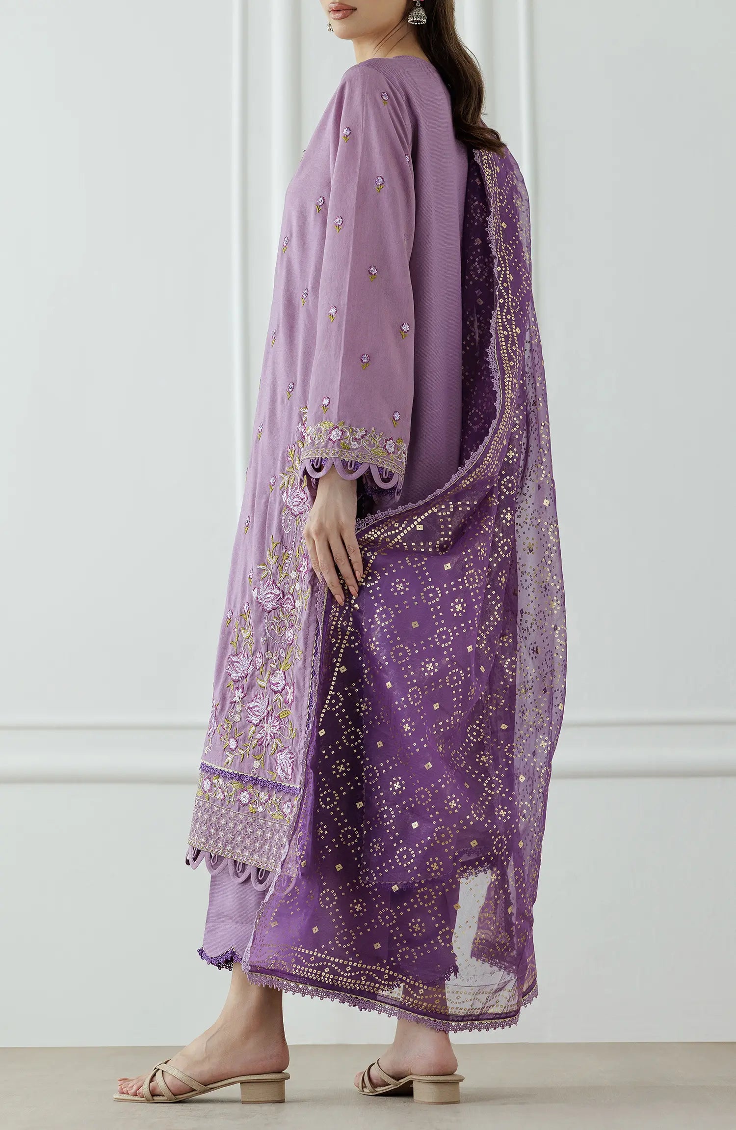 Women wearing a Purple embroidered traditional outfit with a matching dupatta on a dyed trouser. Stitched Luxury Festive Formal Raw Silk Shirt Dupatta & Pant - 3 Piece Suits - WRFR24W-3003