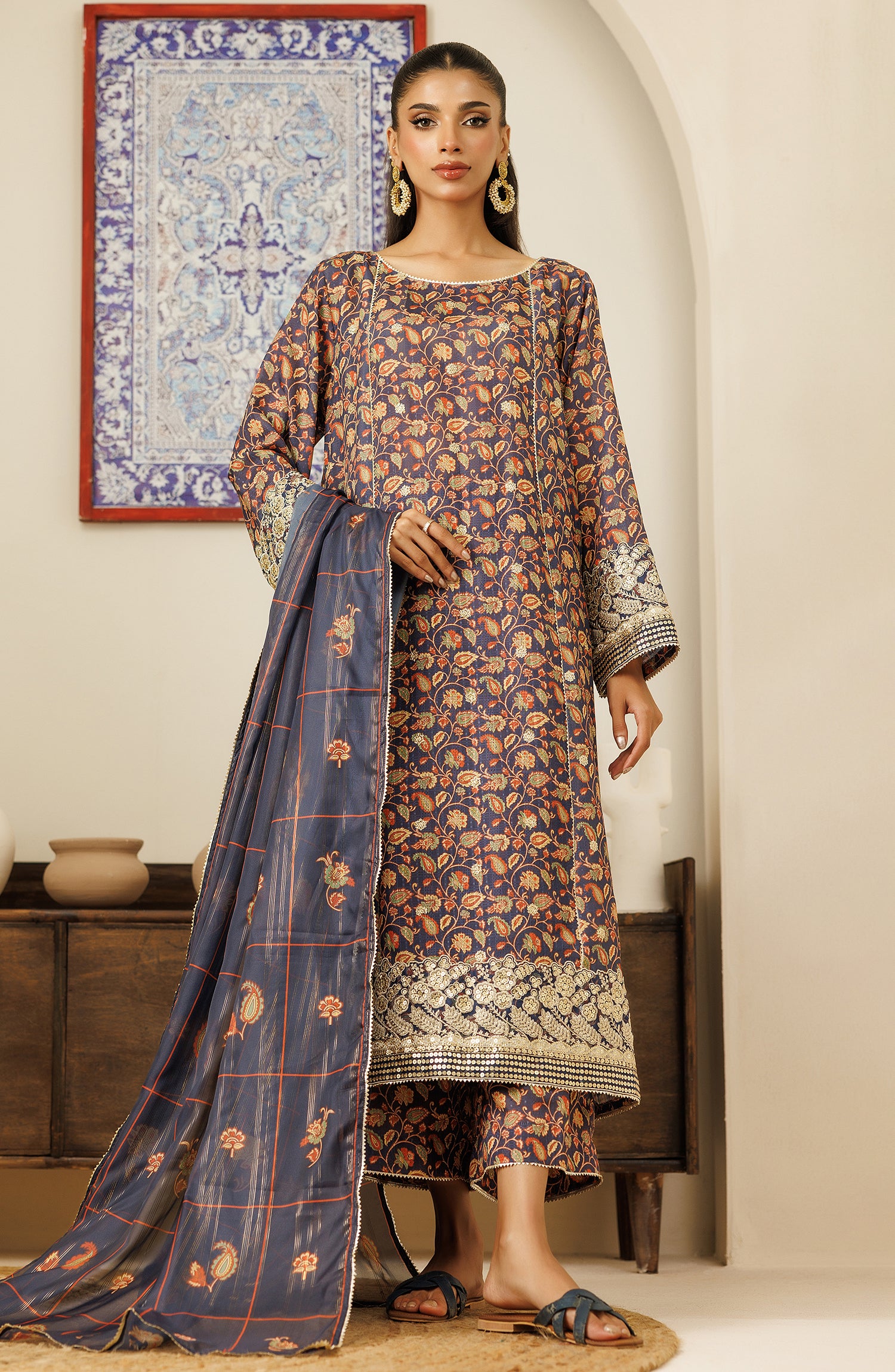 orient dress design Malaki Cotton Printed Herringbone Dress Large