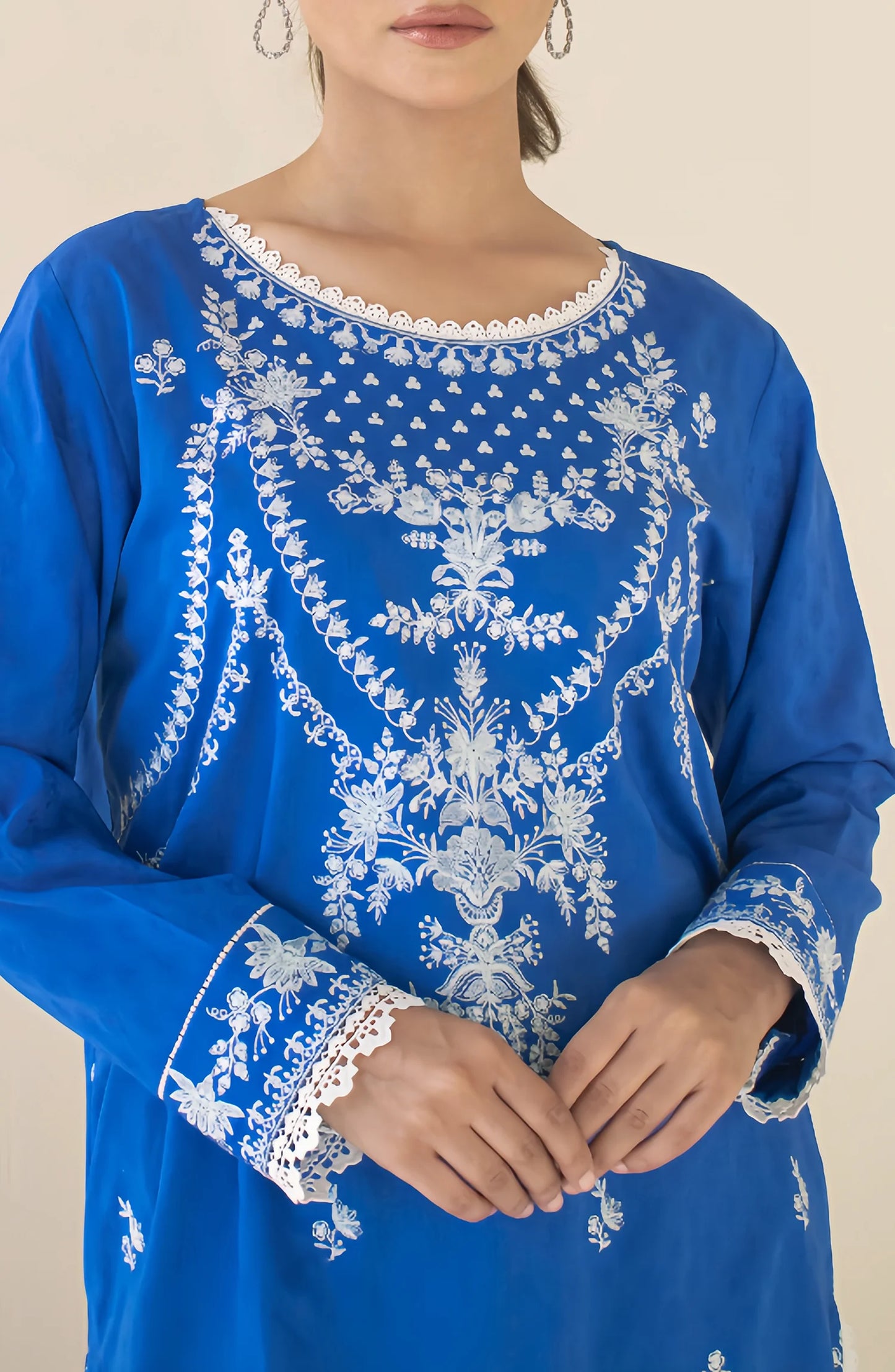 Woman wearing a blue embroidered kurta dyed trouser. Stitched Luxury Premium Embroidered Lawn Shirt & Pant - 2 Piece Suits (Co-ord Set) - WRHC24S-2004