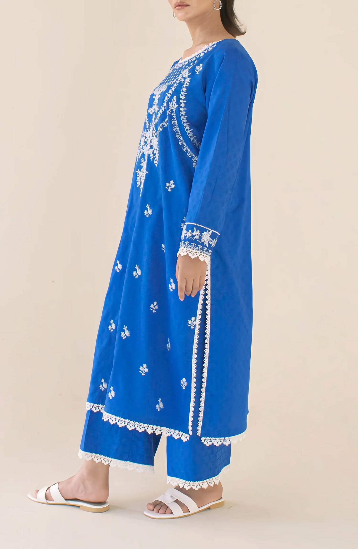 Woman wearing a blue embroidered kurta dyed trouser. Stitched Luxury Premium Embroidered Lawn Shirt & Pant - 2 Piece Suits (Co-ord Set) - WRHC24S-2004