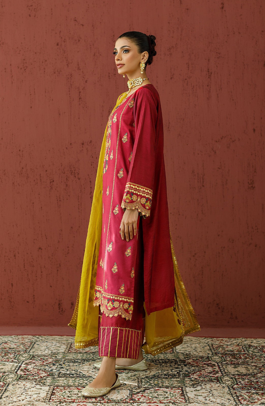 Stitched 3 Piece Embroidered Cotton Silk Shirt , Cotton Silk Pant and Organza Dupatta (OTLF-23-062/S PINK)