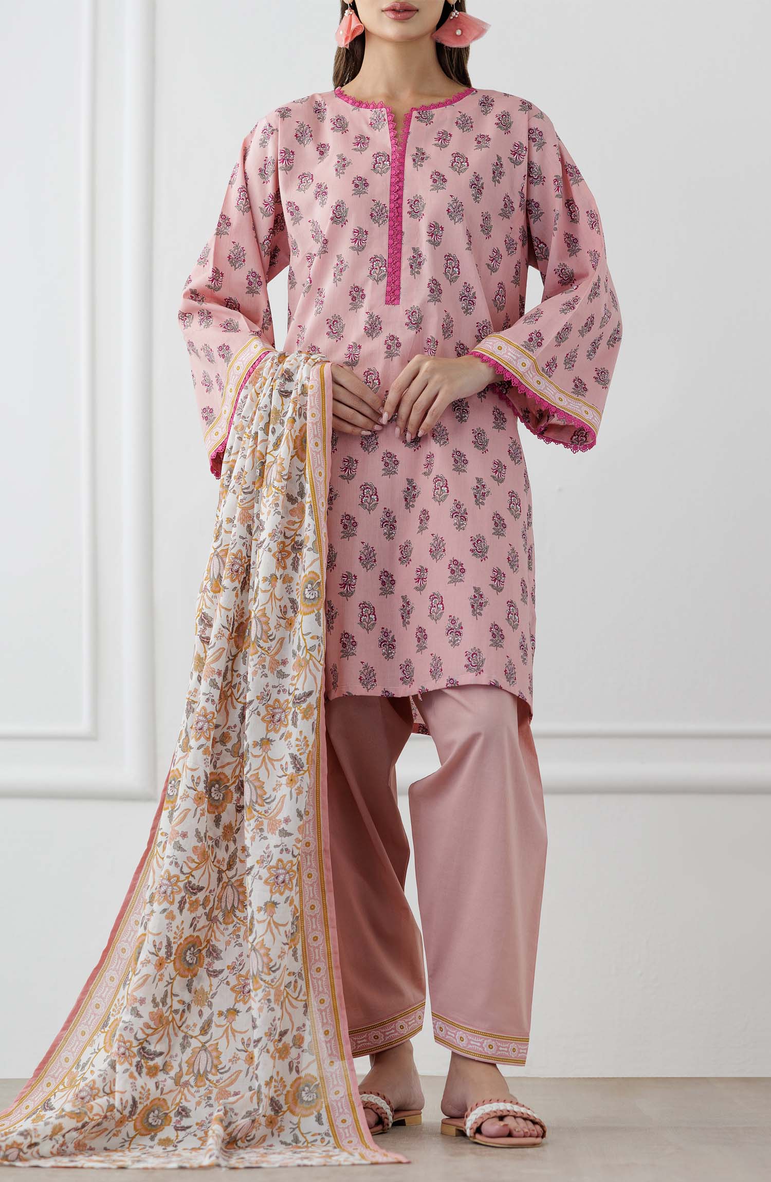UNSTITCHED Printed Lawn Shirt Dupatta & Pant - 3 Piece Suits - OTL-25-358. Woman wearing a pink traditional outfit with a matching dupatta and dyed trouser.