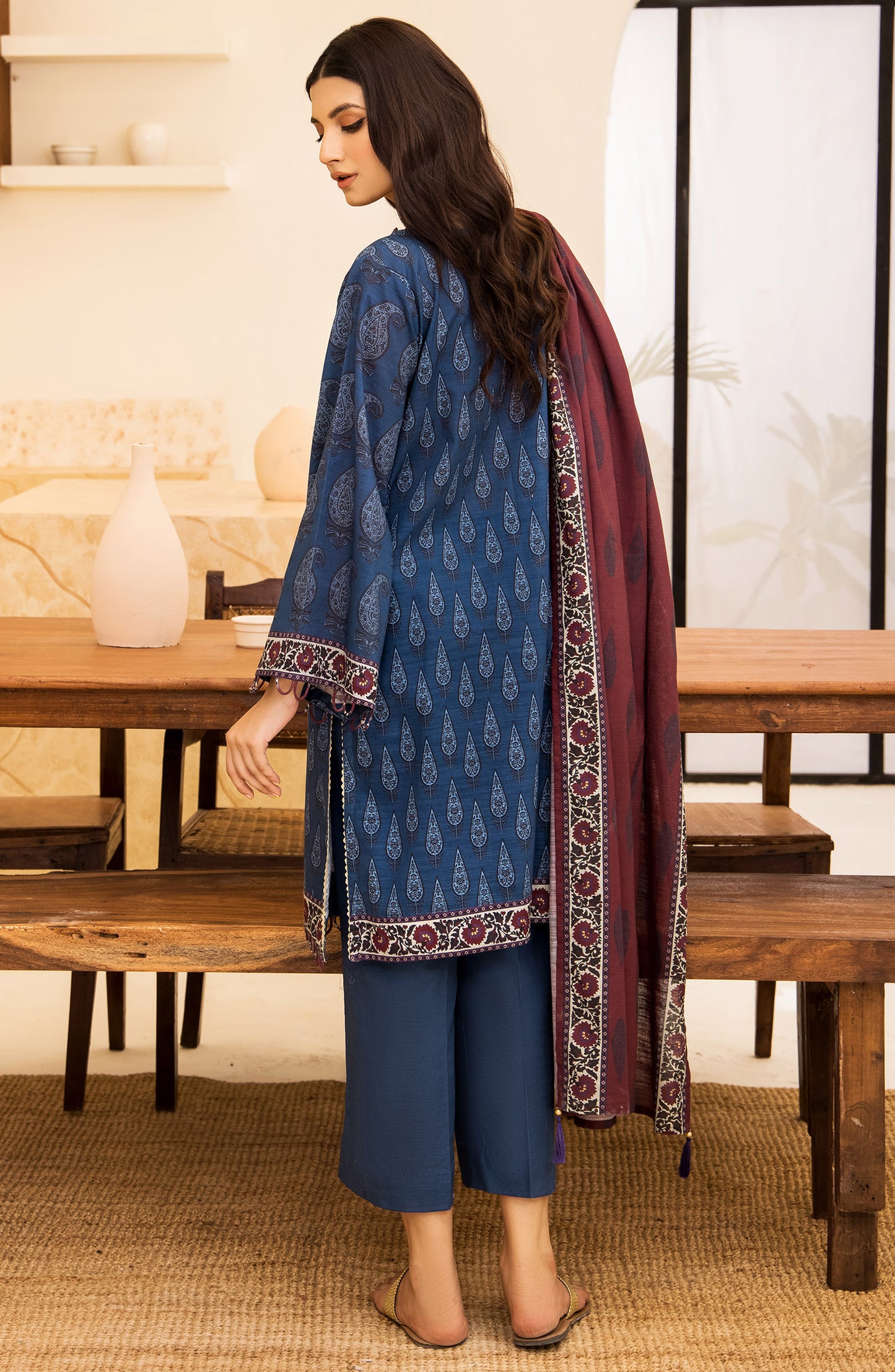 nrds-387-u-blue Unstitched 3 Piece winter Embroidered Khaddar Shirt , Khaddar Pant and Khaddar Dupatta