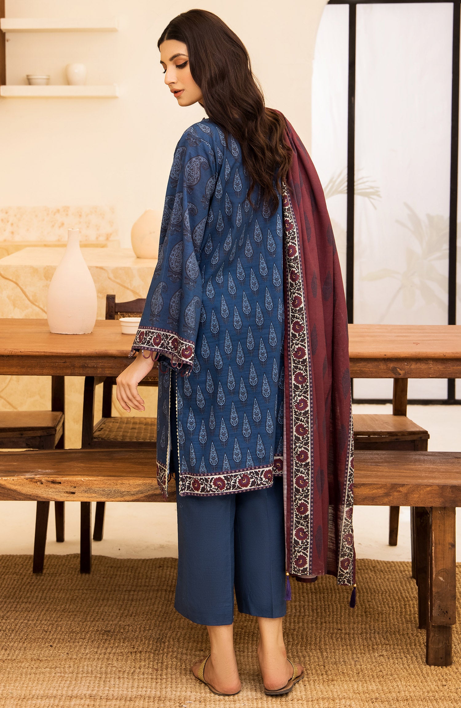 nrds-387-u-blue Unstitched 3 Piece winter Embroidered Khaddar Shirt , Khaddar Pant and Khaddar Dupatta