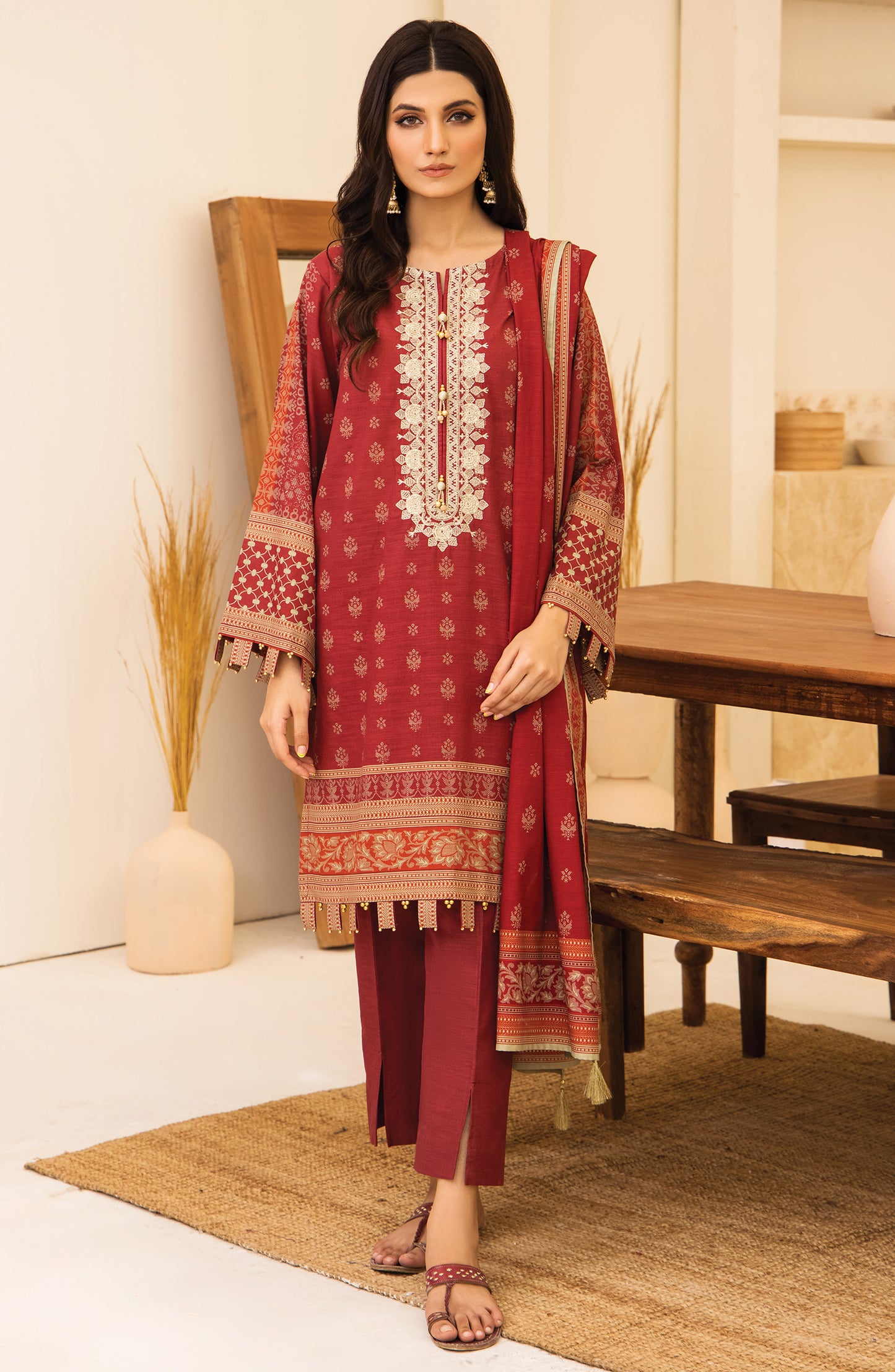 nrds-369-u-red Unstitched 3 Piece winter Embroidered Khaddar Shirt , Khaddar Pant and Khaddar Dupatta