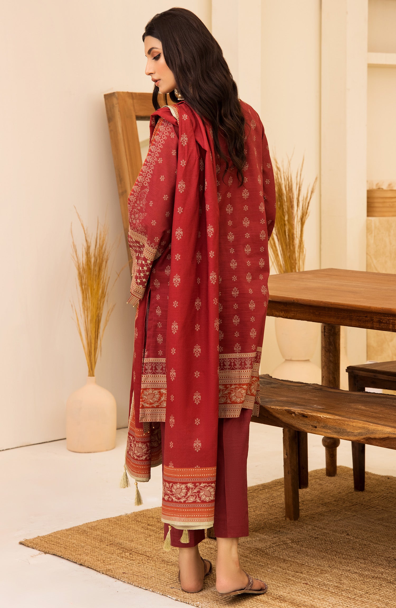 nrds-369-u-red Unstitched 3 Piece winter Embroidered Khaddar Shirt , Khaddar Pant and Khaddar Dupatta