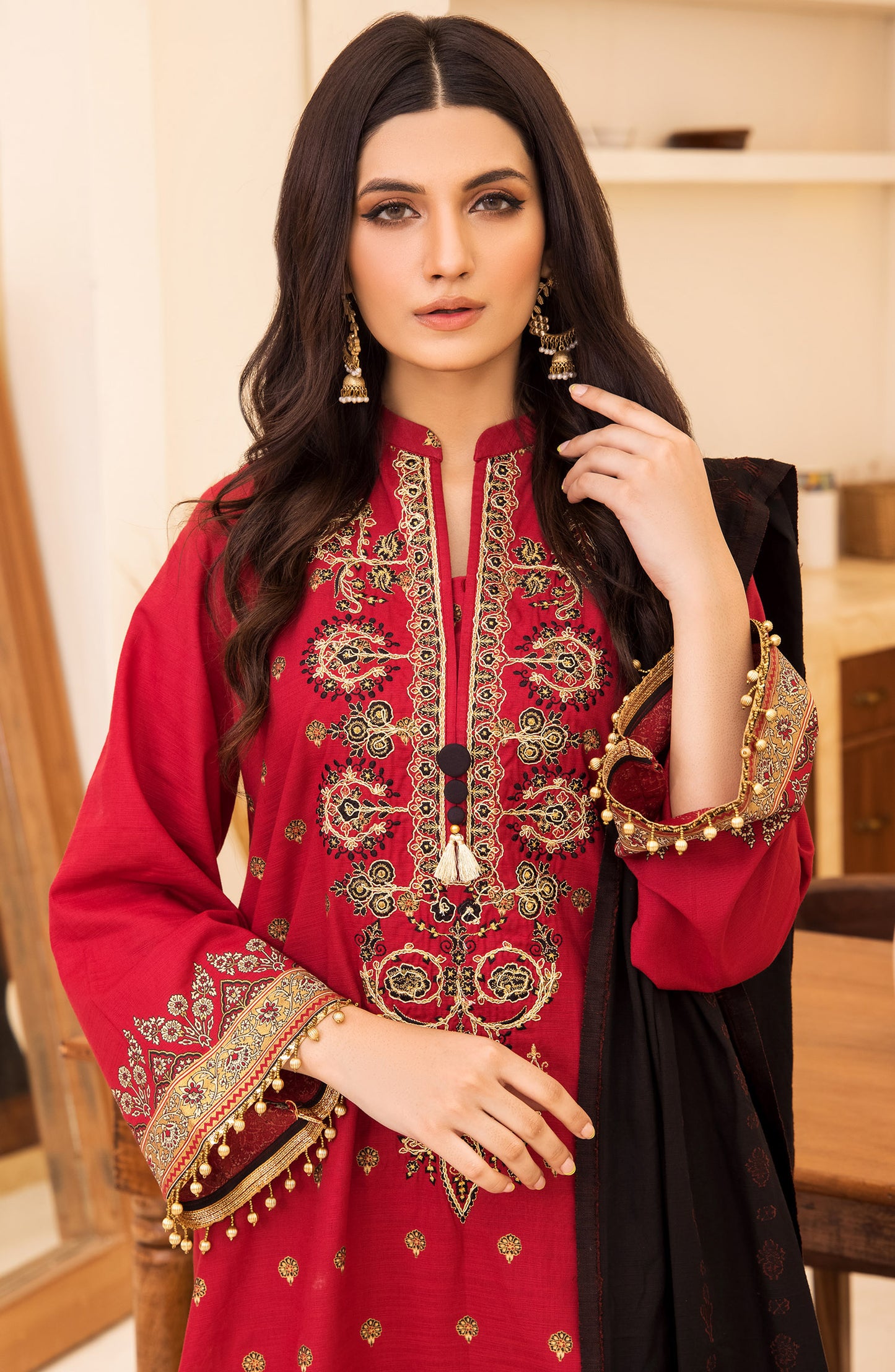  otl-21-287-u-red Unstitched 3 Piece winter  Embroidered Khaddar Shirt , Pant and Khaddar Dupatta 