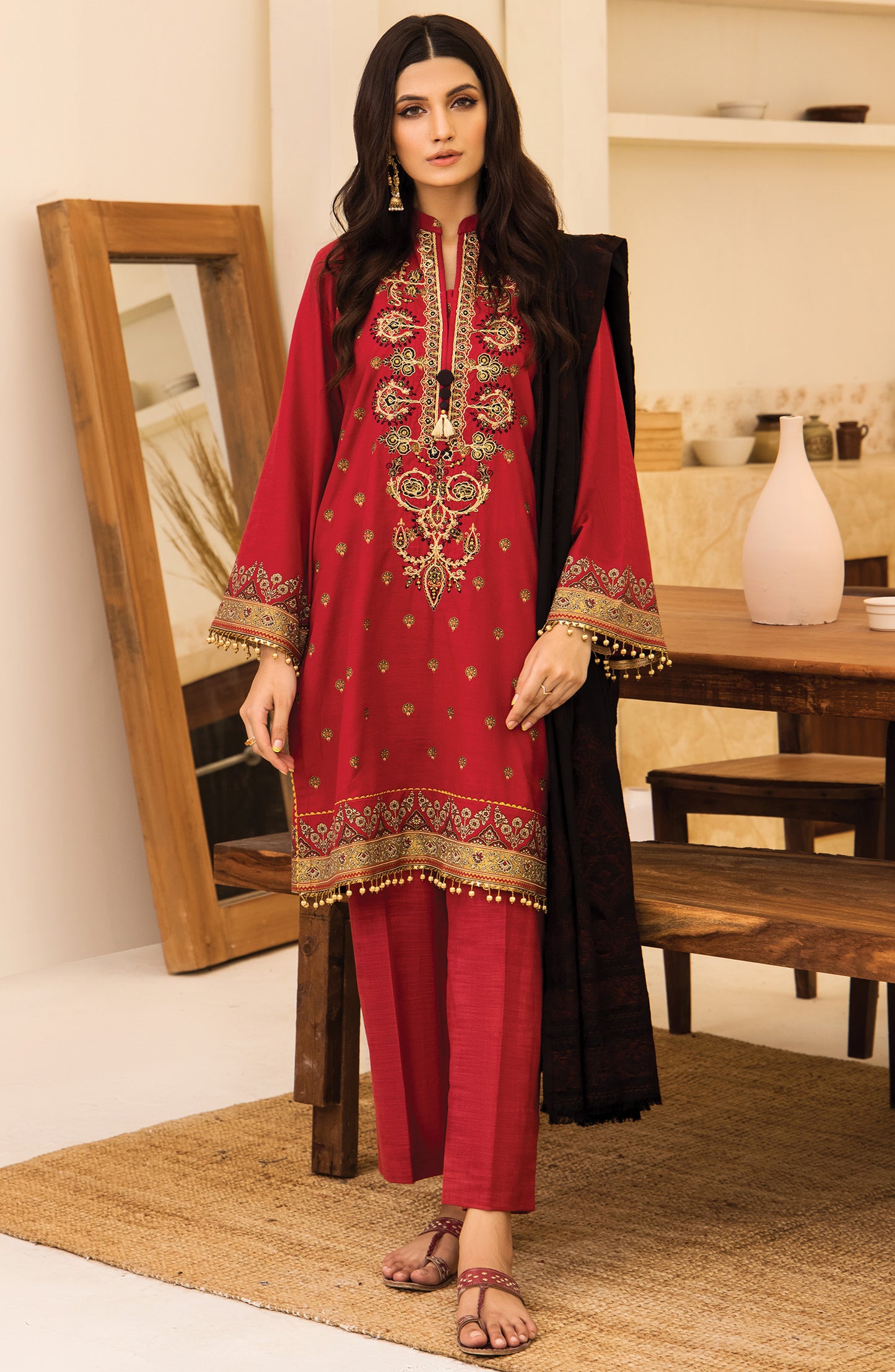  otl-21-287-u-red Unstitched 3 Piece winter  Embroidered Khaddar Shirt , Pant and Khaddar Dupatta 