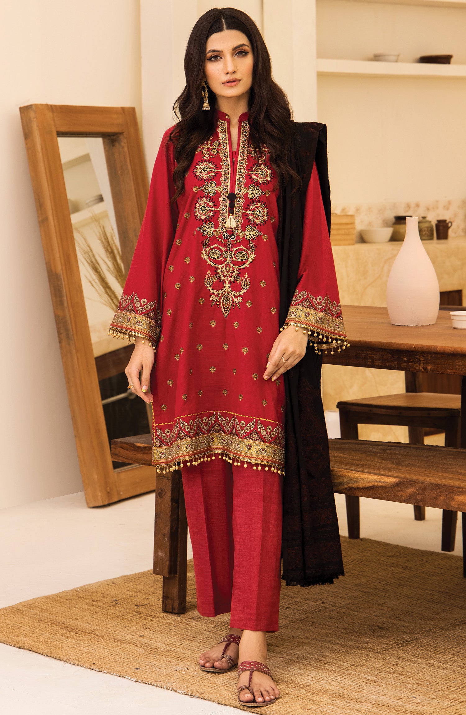  otl-21-287-u-red Unstitched 3 Piece winter  Embroidered Khaddar Shirt , Pant and Khaddar Dupatta 
