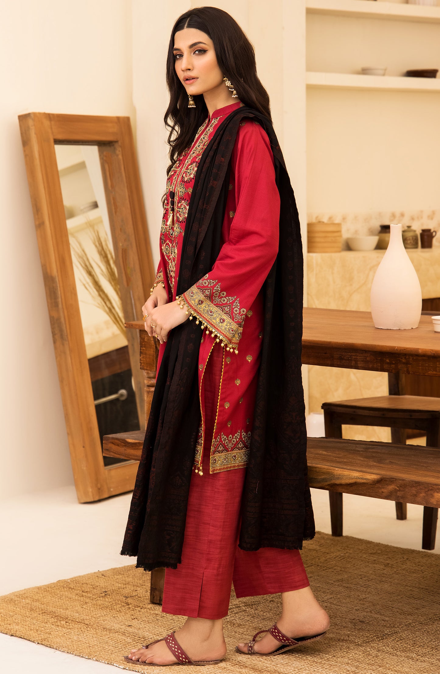  otl-21-287-u-red Unstitched 3 Piece winter  Embroidered Khaddar Shirt , Pant and Khaddar Dupatta 
