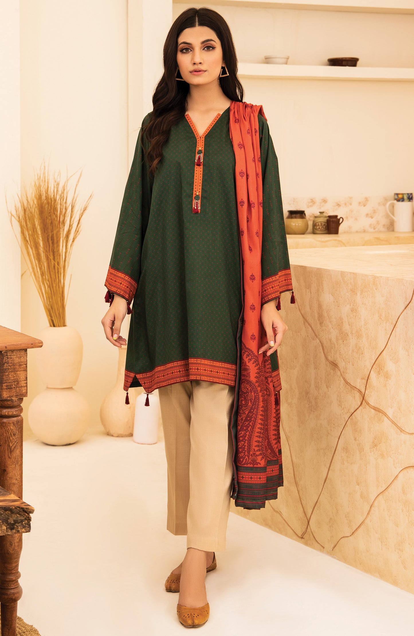 Unstitched 2 Piece Printed Khaddar Shirt and Acrylic Shawl Dupatta
