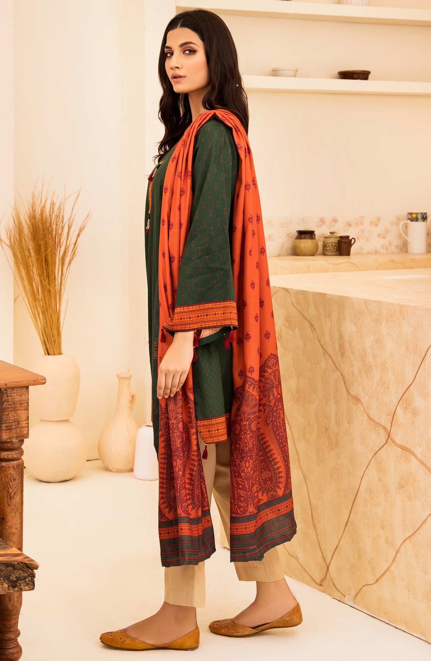 Unstitched 2 Piece Printed Khaddar Shirt and Acrylic Shawl Dupatta